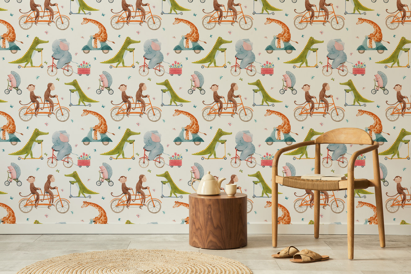 Adorable cycling animals wallpaper for kids' rooms