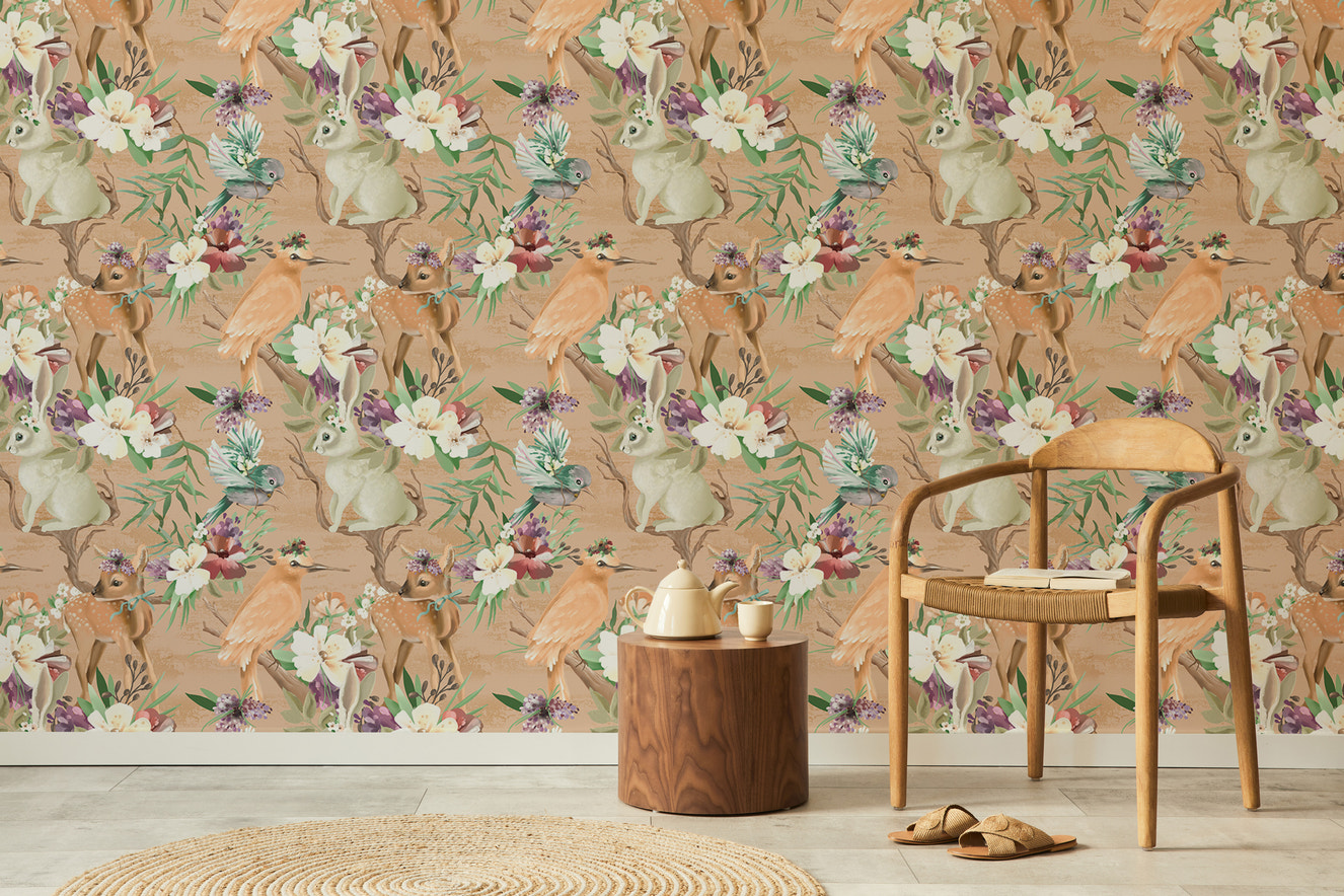 Vintage wallpaper featuring woodland animals and birds