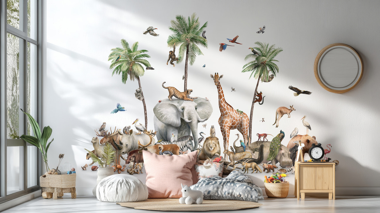 Global animals mural featuring diverse wildlife design.
