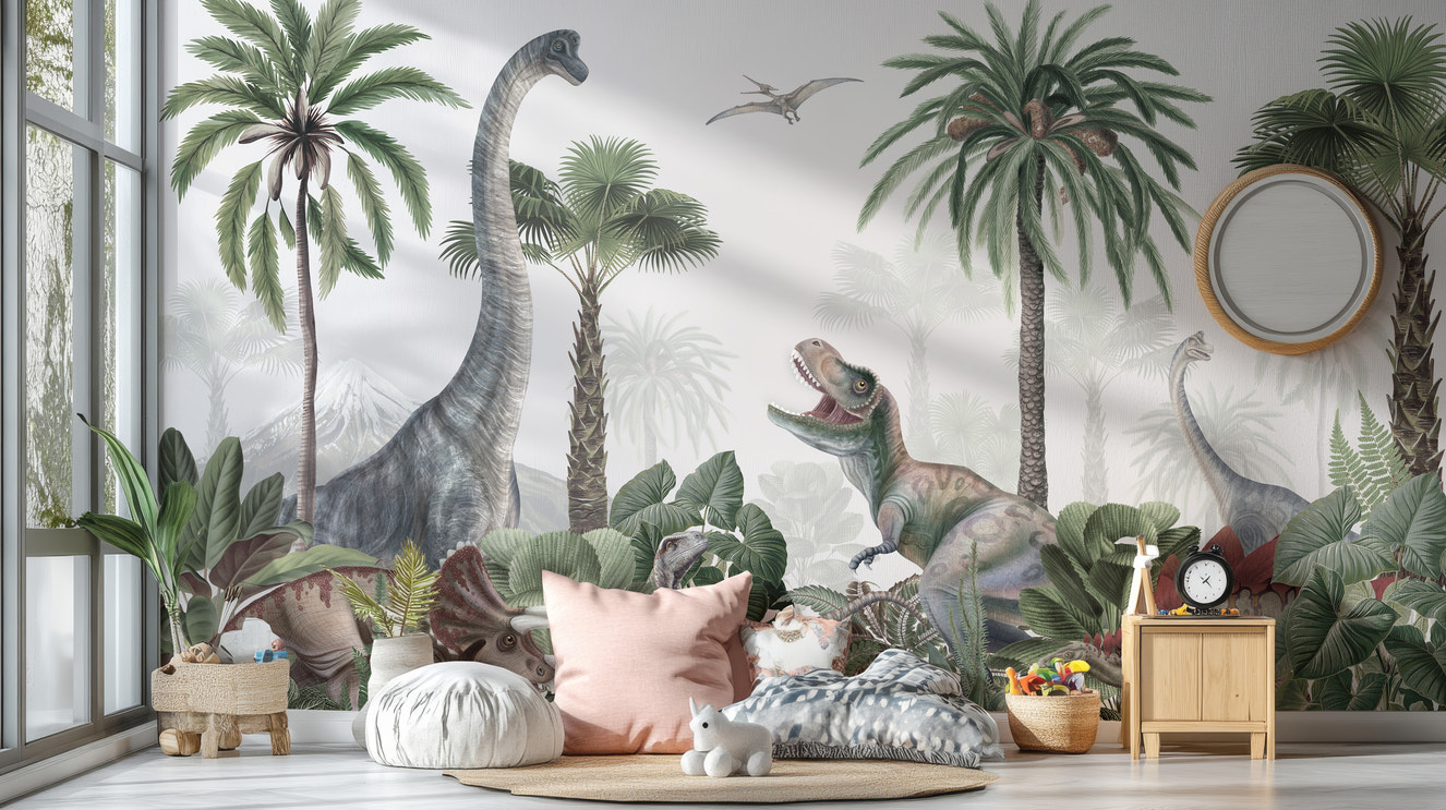 Tropical mural featuring dinosaurs in a lush landscape.
