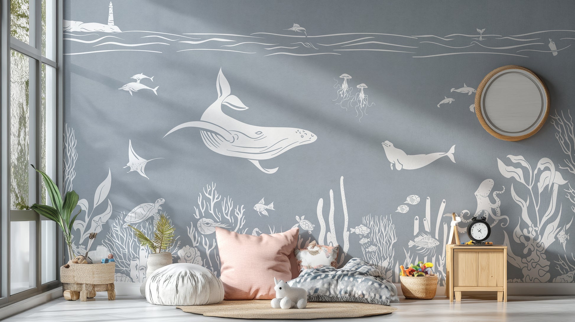 Monochrome Sea Blue wallpaper enhances nautical decor.
