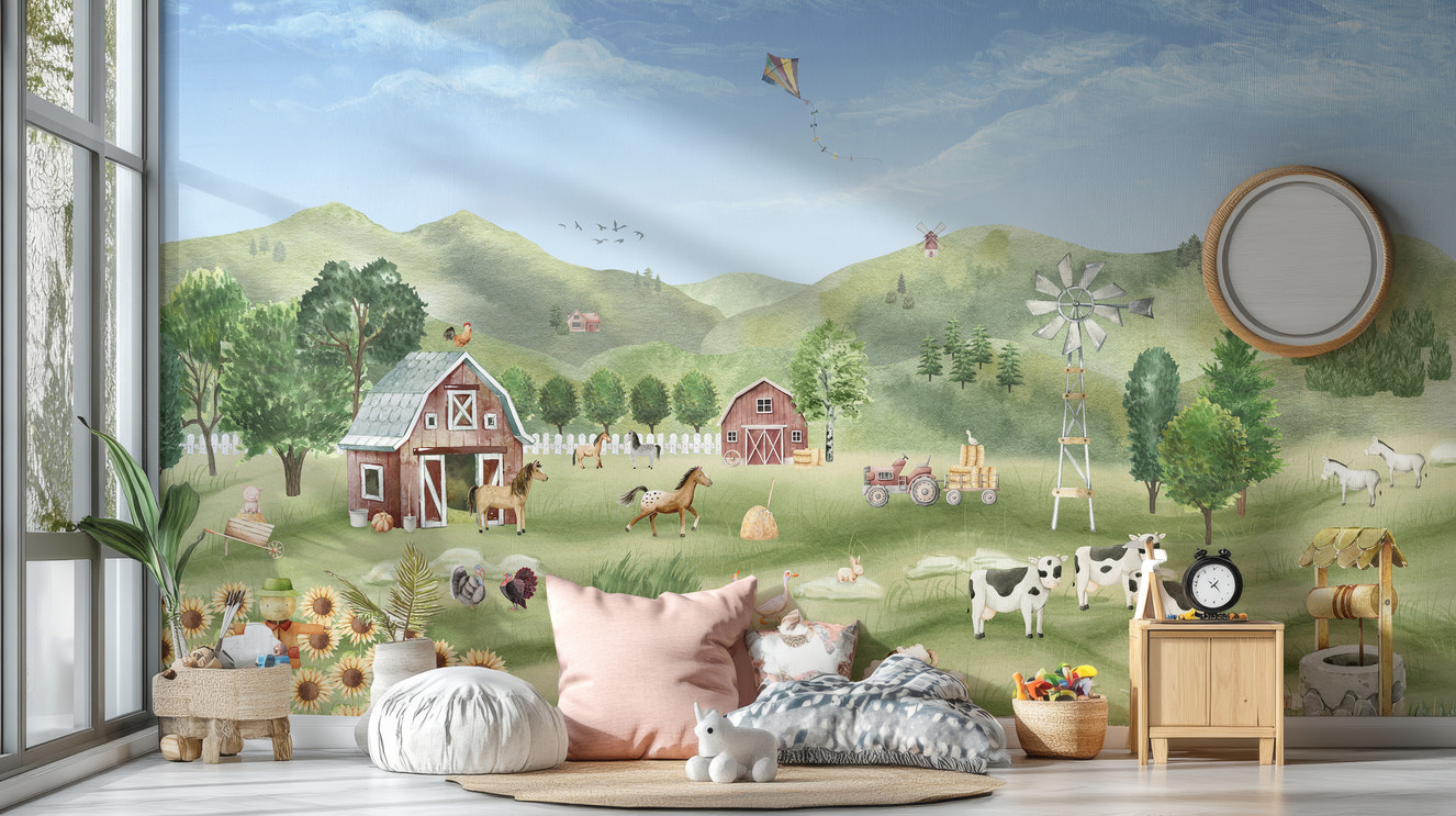 Serene wall mural featuring a pastoral farm life scene
