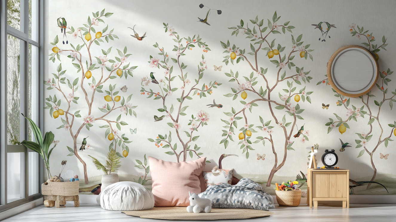 Lemon tree Chinoiserie mural with elegant design.
