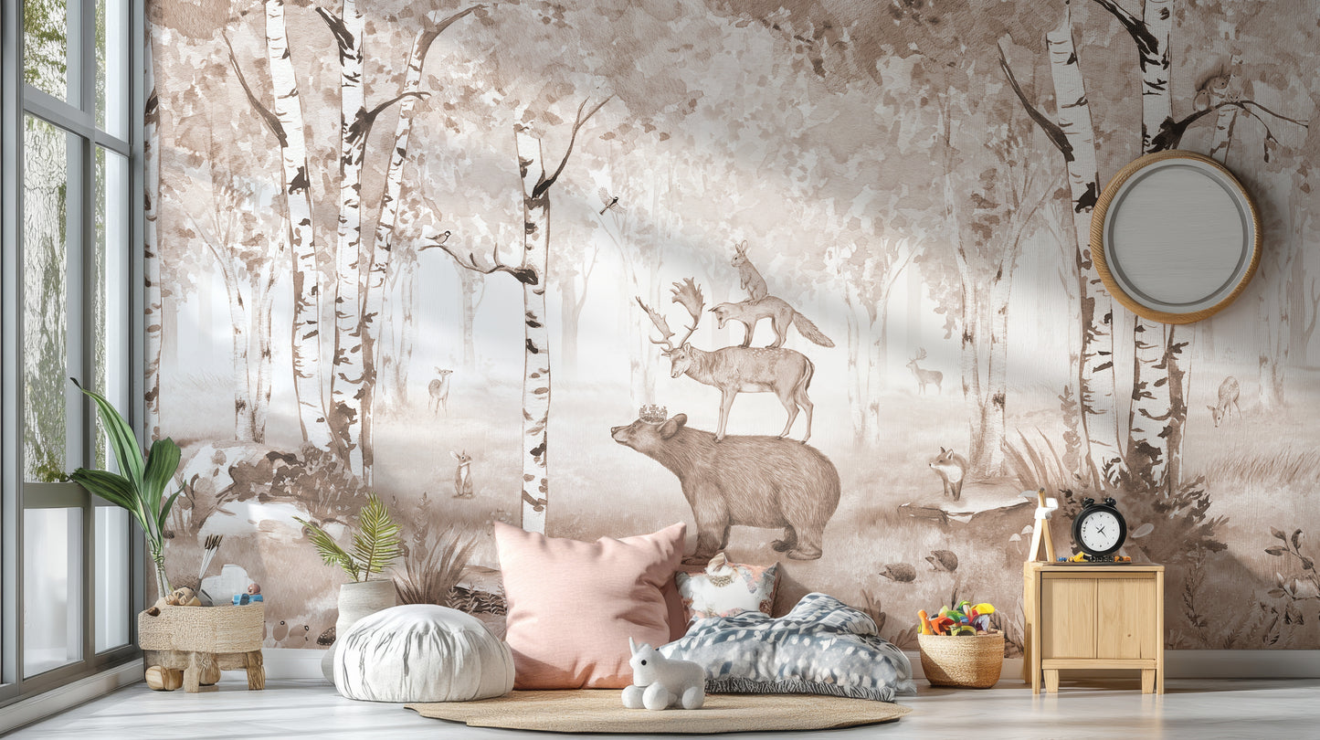 Wall mural showcasing a bear and deer in a forest.
