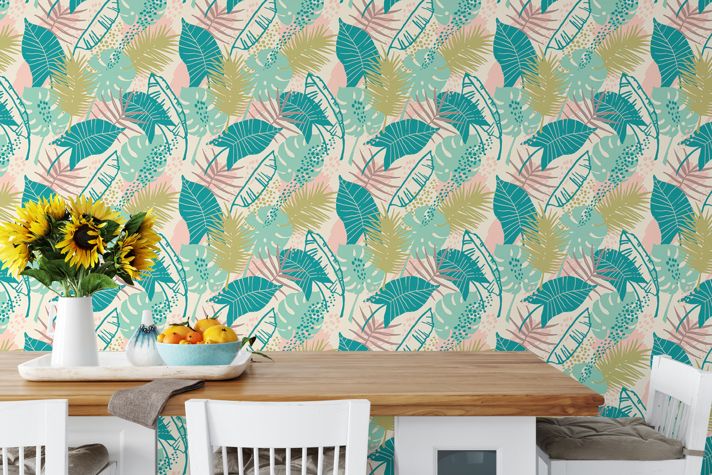 Colorful Tropical Plants Repeat Pattern Wallpaper