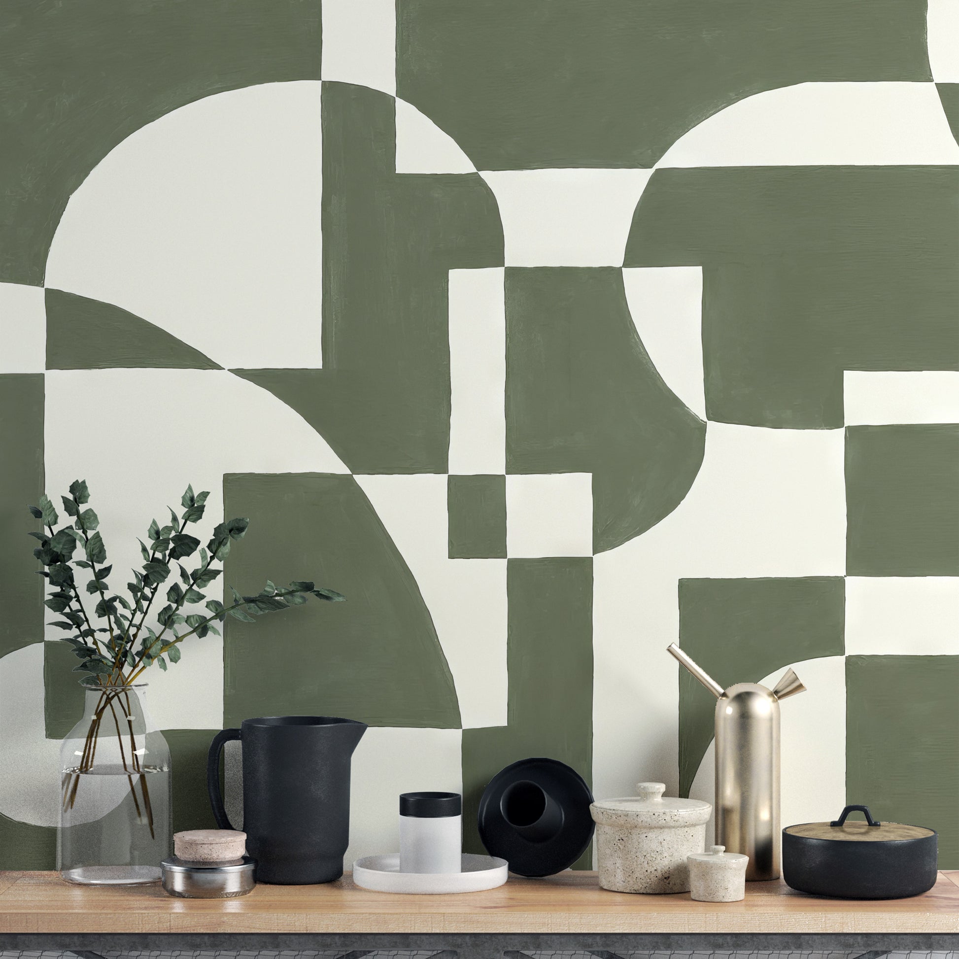 Contemporary wall mural with intricate emerald geometric details
