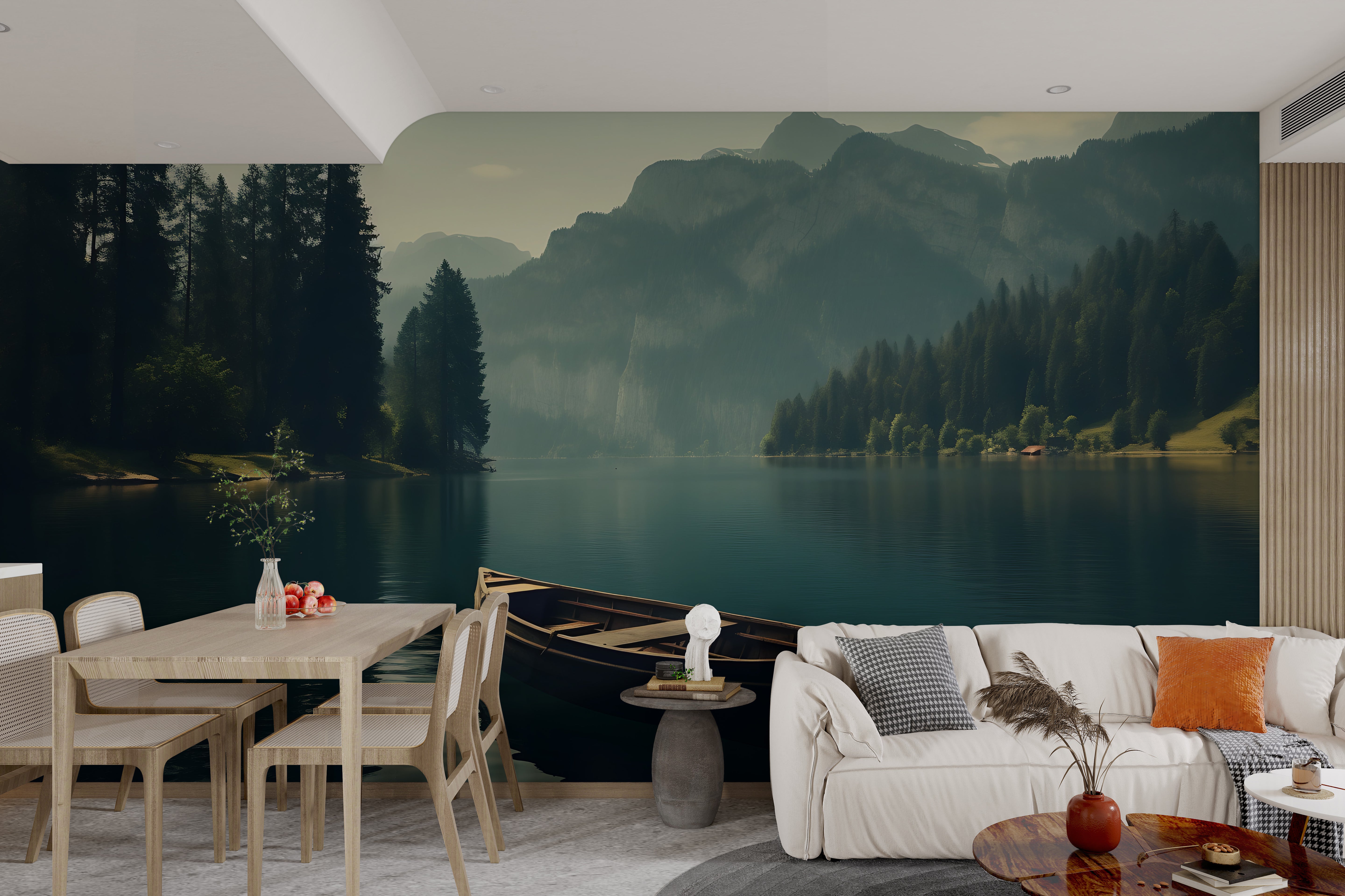 Nature-inspired boat on lake mural
