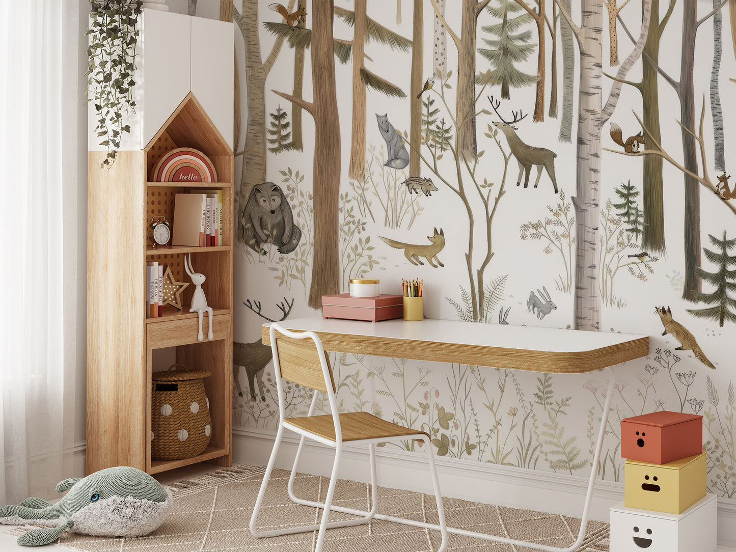 Cute woodland forest friends mural for cozy room accents