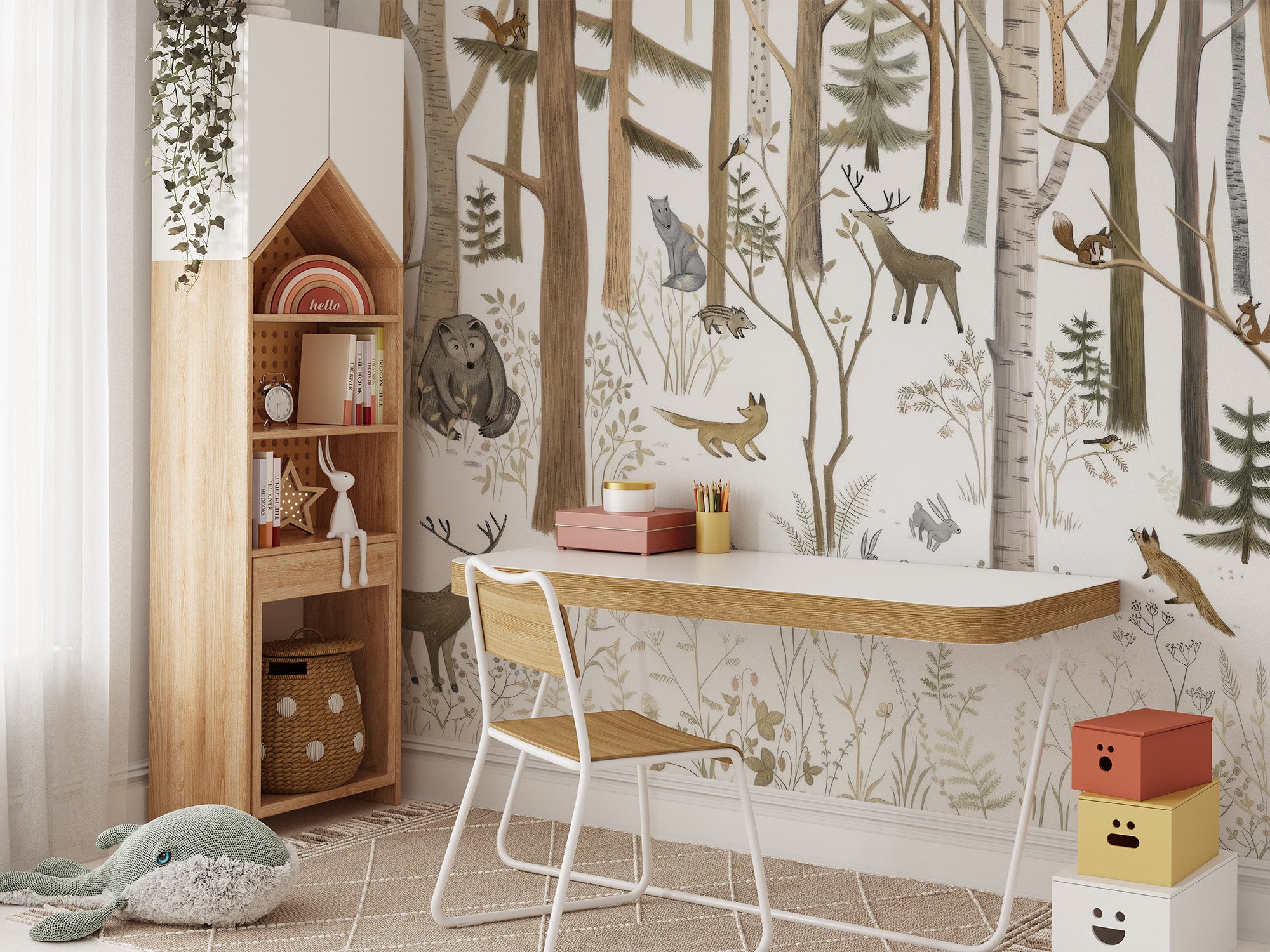 Cute woodland forest friends mural for cozy room accents