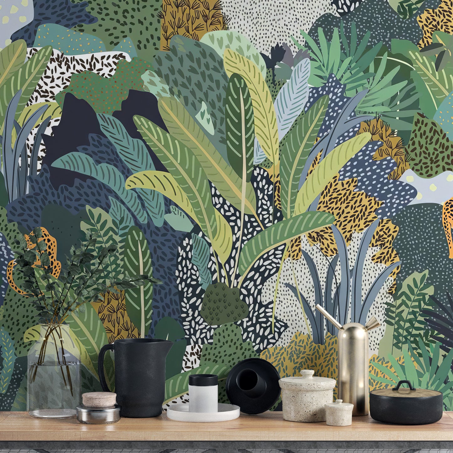 Wildlife-themed mural showcasing a jungle cat among greenery
