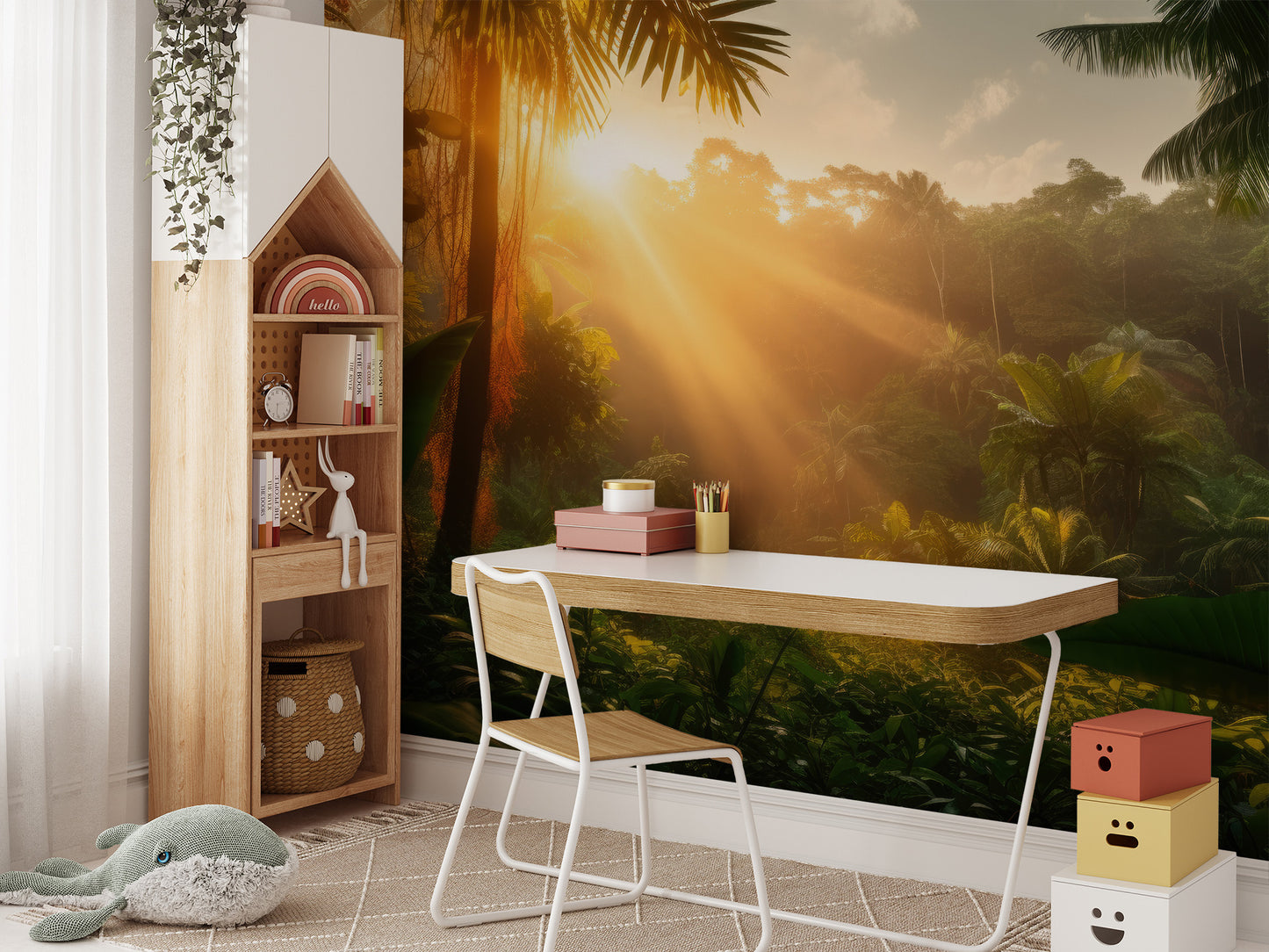 Self-adhesive jungle sunrise mural for fresh interiors