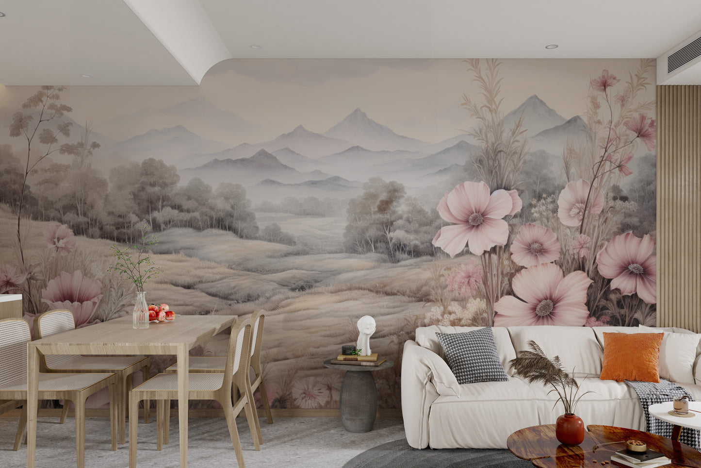 Soft floral mountain landscape mural
