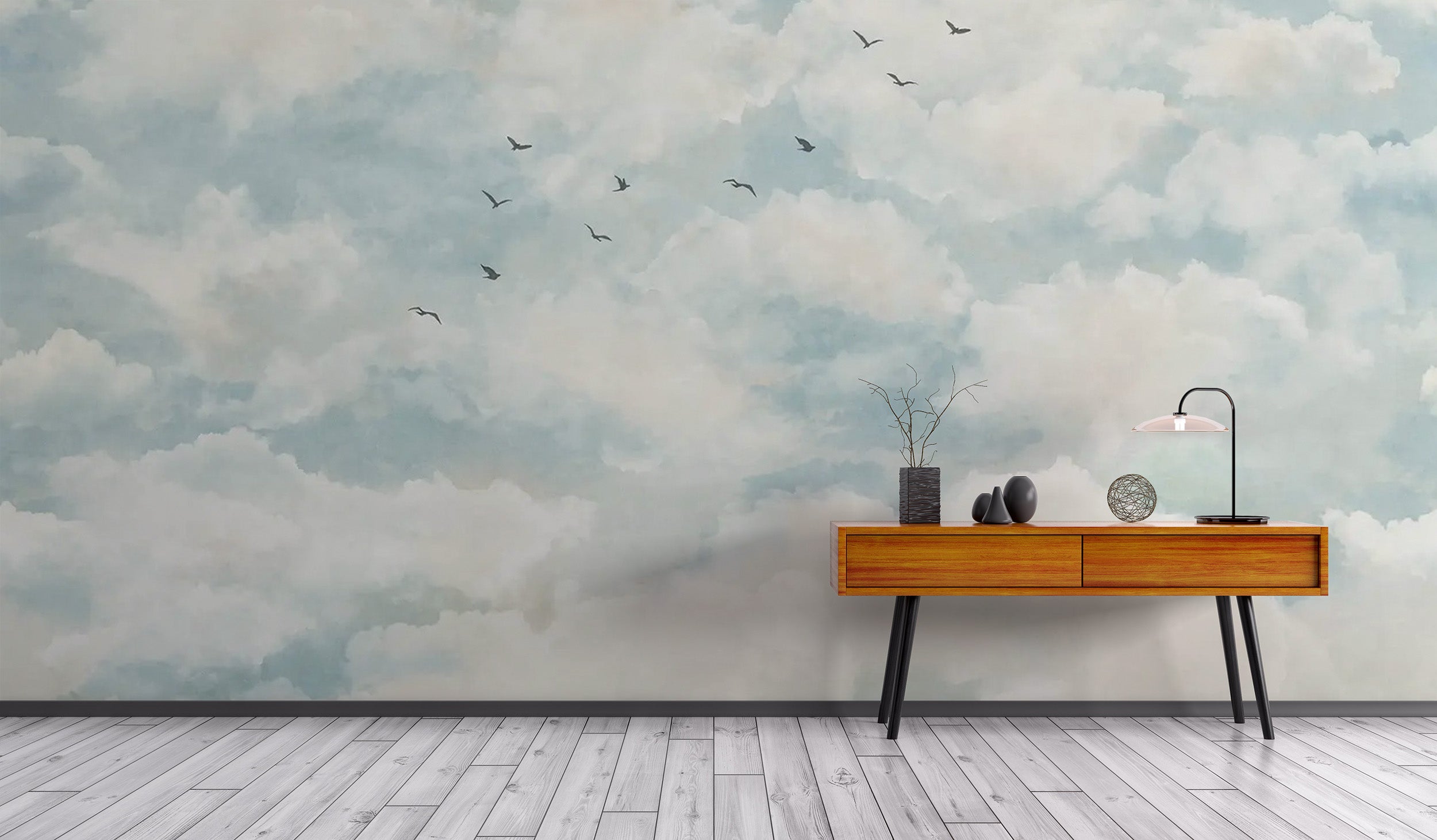 Dreamy watercolor wallpaper with clouds and flying birds
