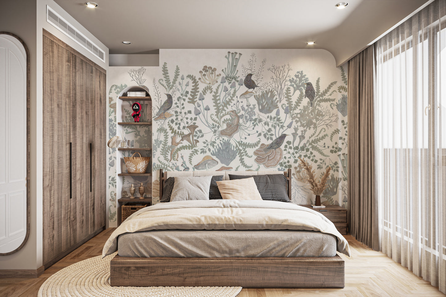 Self-adhesive birds and leaves mural for stylish interiors