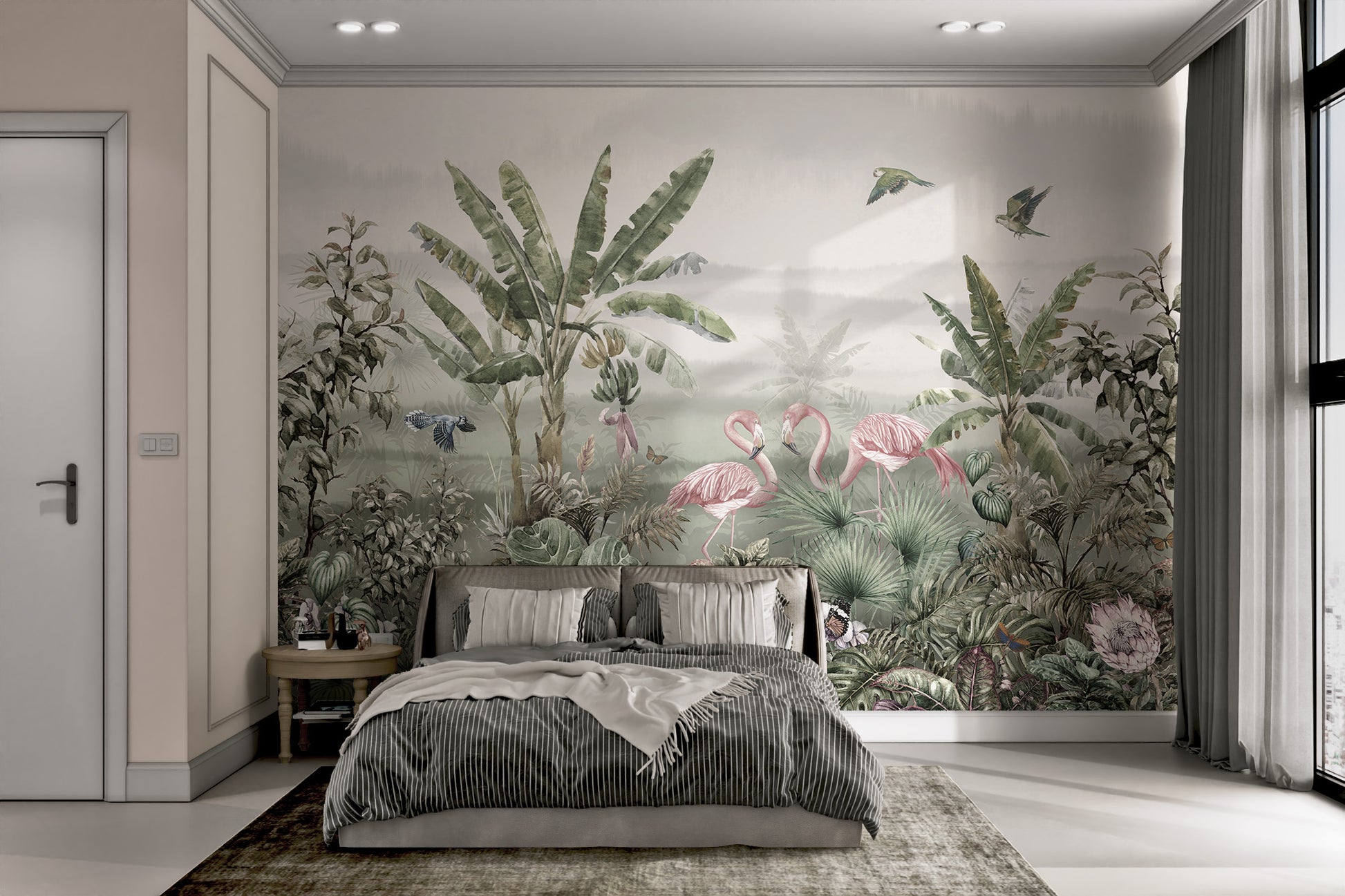 Tropical flamingo birds with banana palms mural