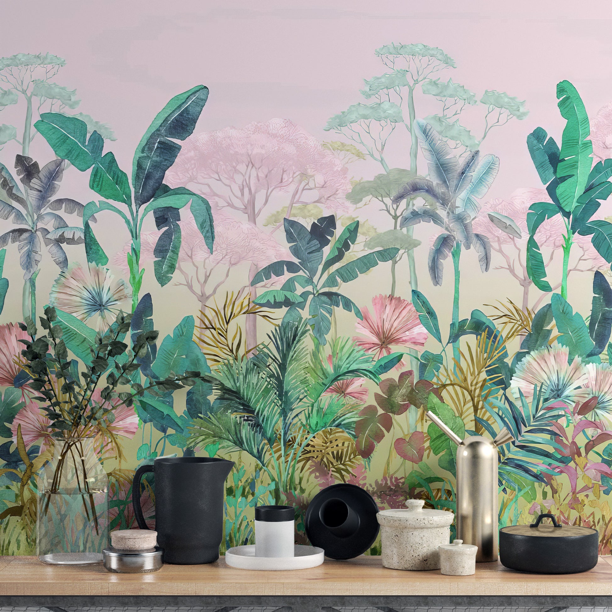 Lush jungle wall mural creating a tropical paradise vibe
