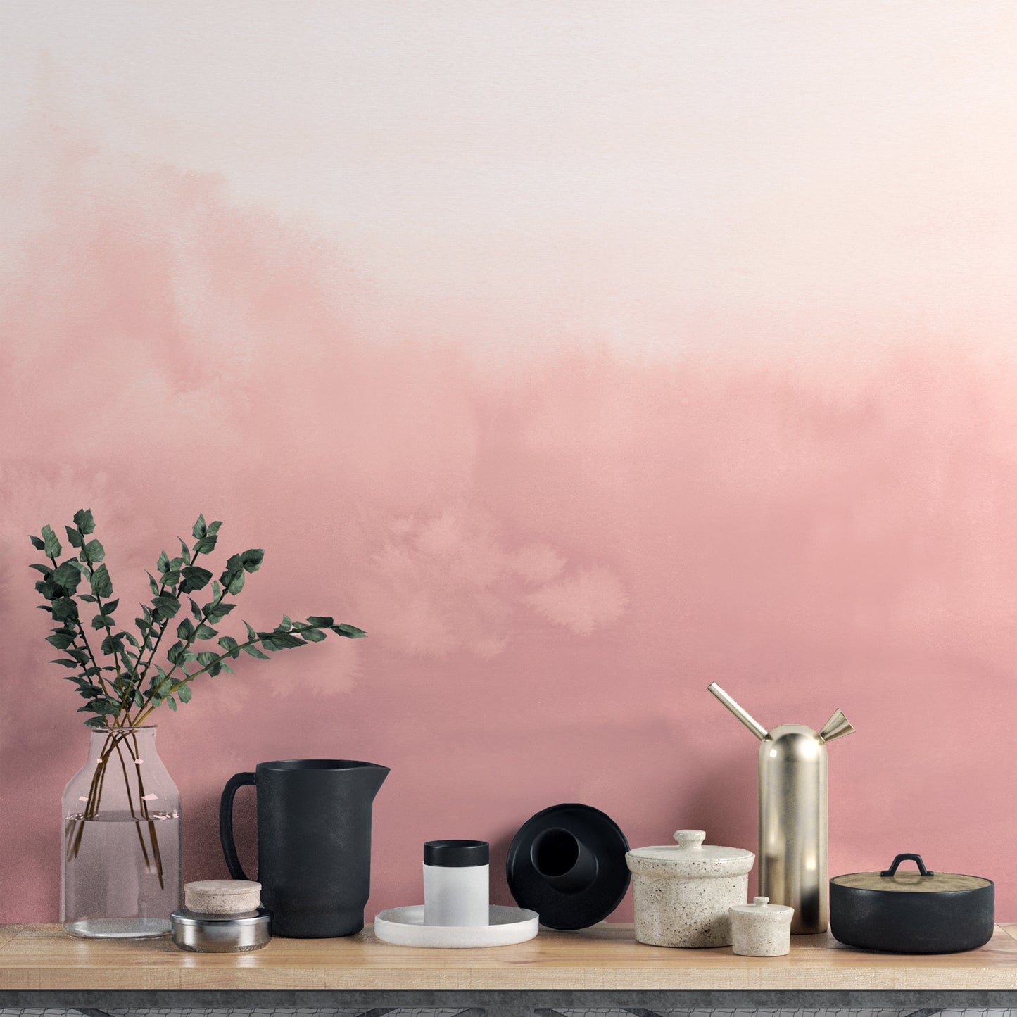 Soft watercolor pink ombre mural creating a serene atmosphere
