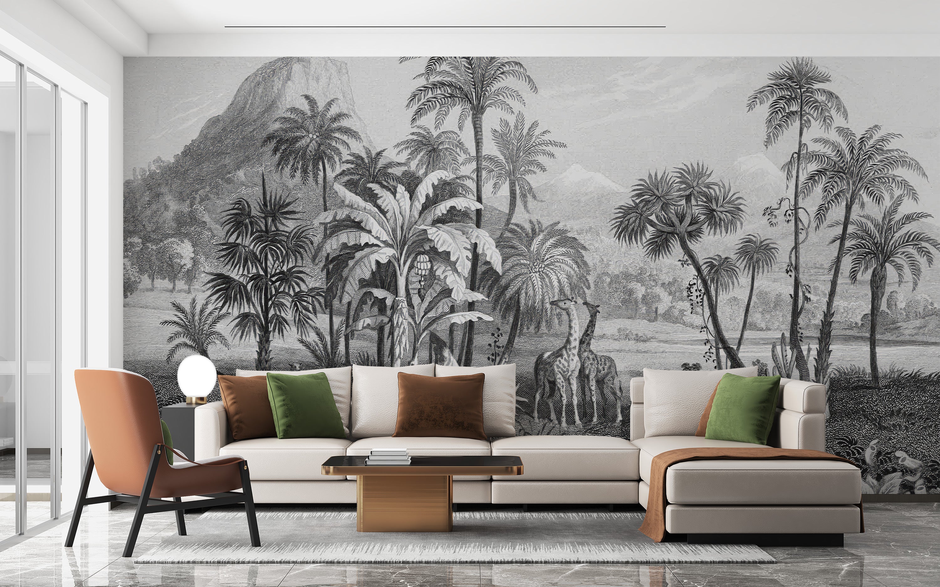 Tropical jungle wallpaper in monochrome tones for a modern look
