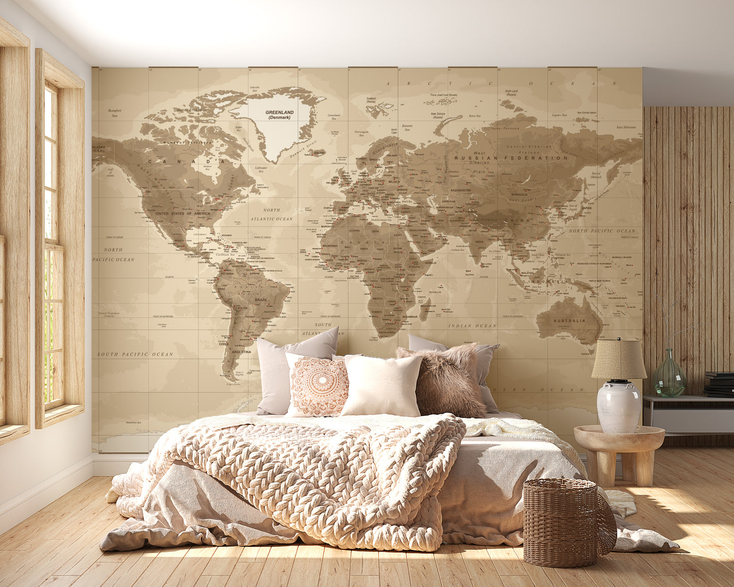 Classic world map design in sepia tones for walls