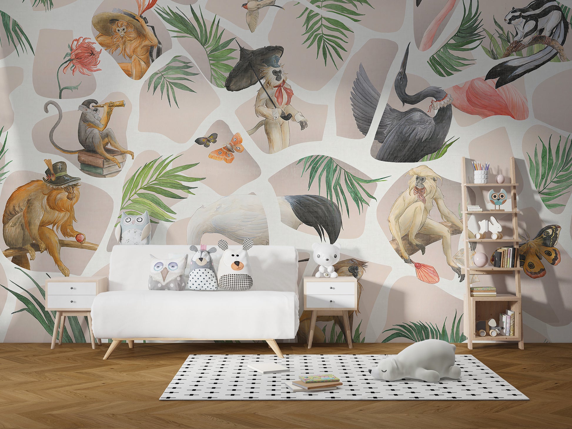 Nature-inspired monkey and bird design in beige hues