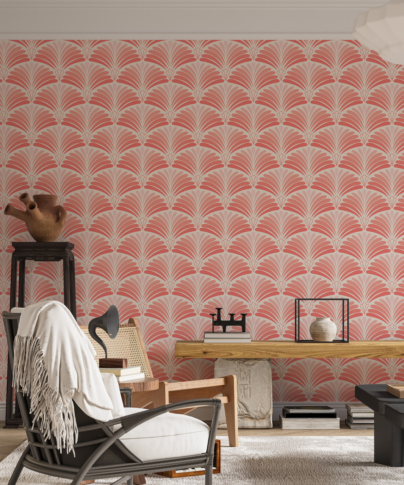 Elegant pink wallpaper with Japanese art patterns