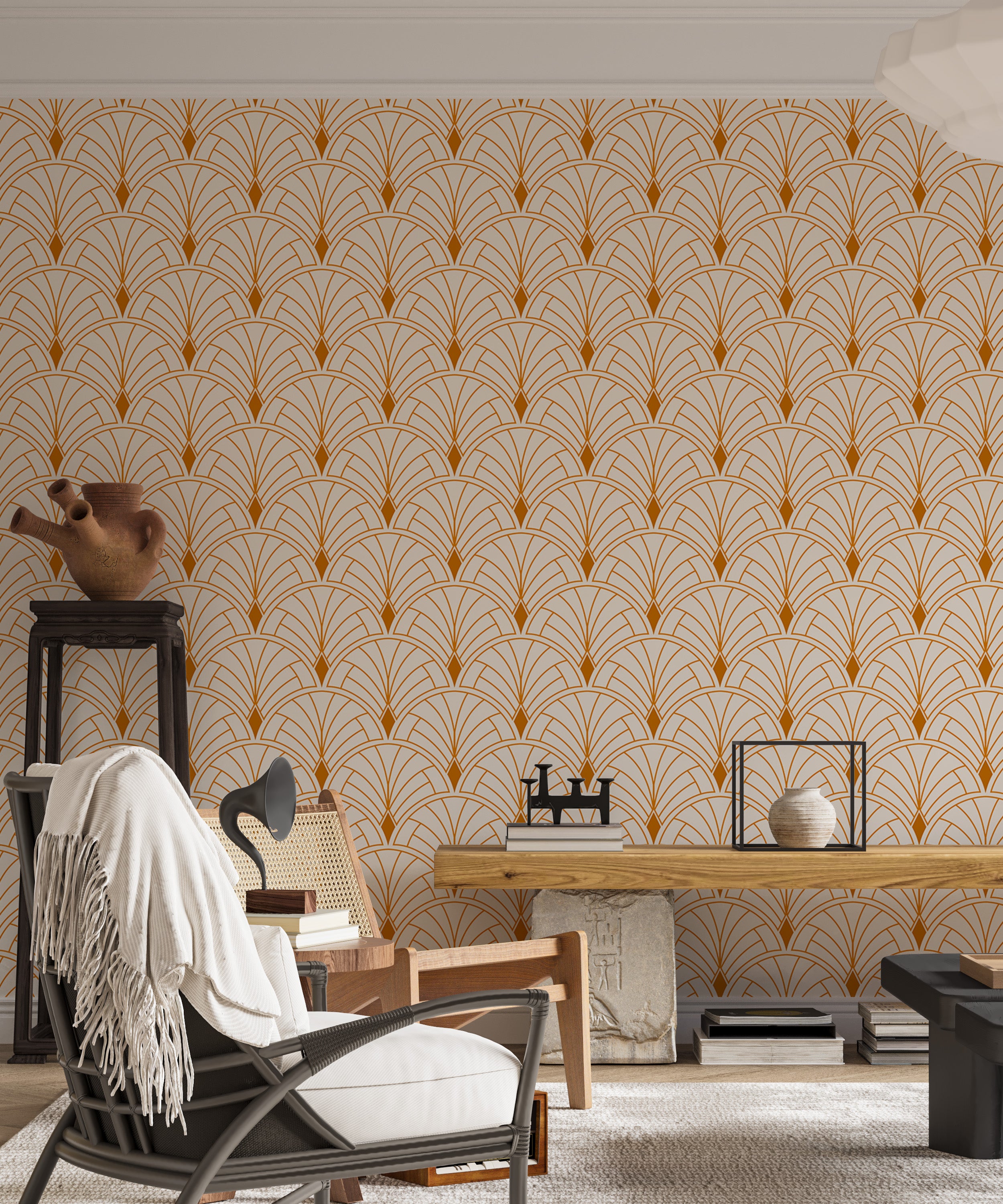 Abstract art wallpaper blending deco and Victorian styles