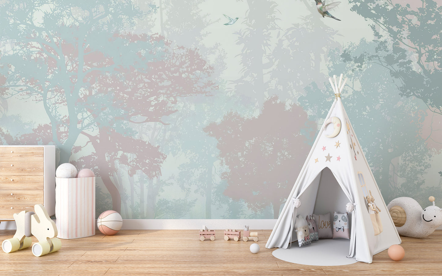 Playful kids wallpaper showcasing a magical forest landscape
