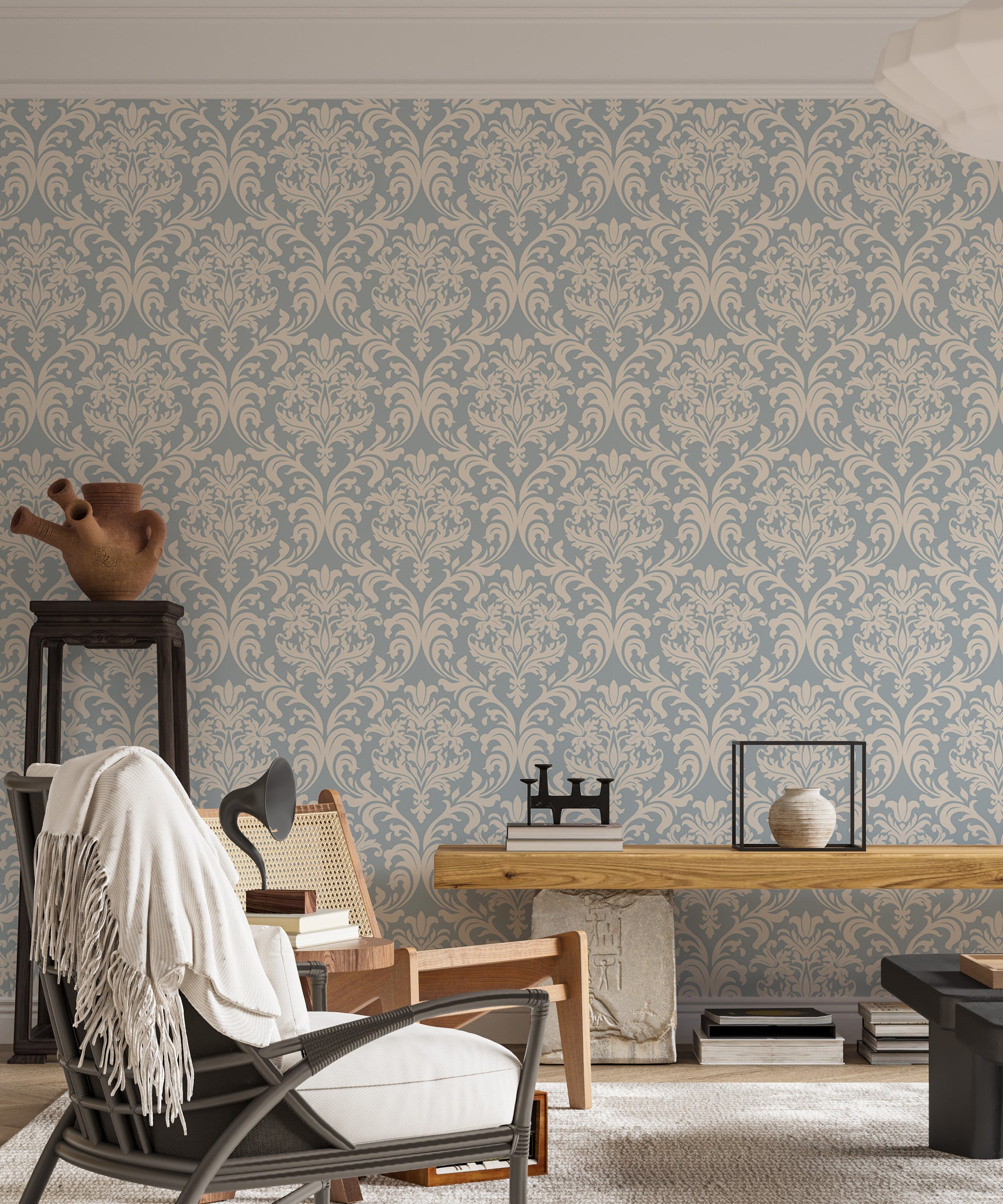 Intricate Victorian wallpaper with blue and beige patterns