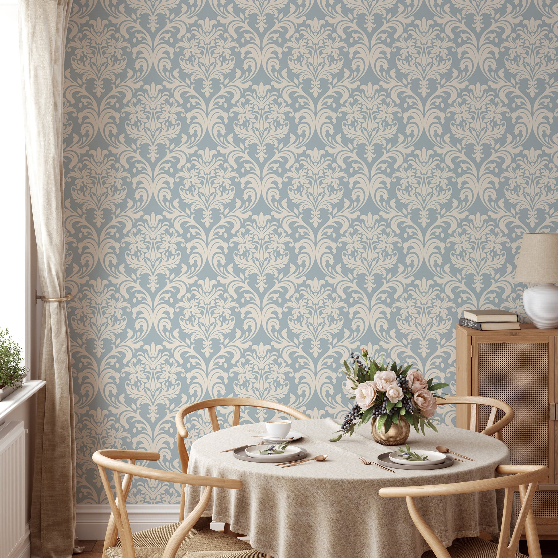 Elegant blue and beige Victorian wallpaper design