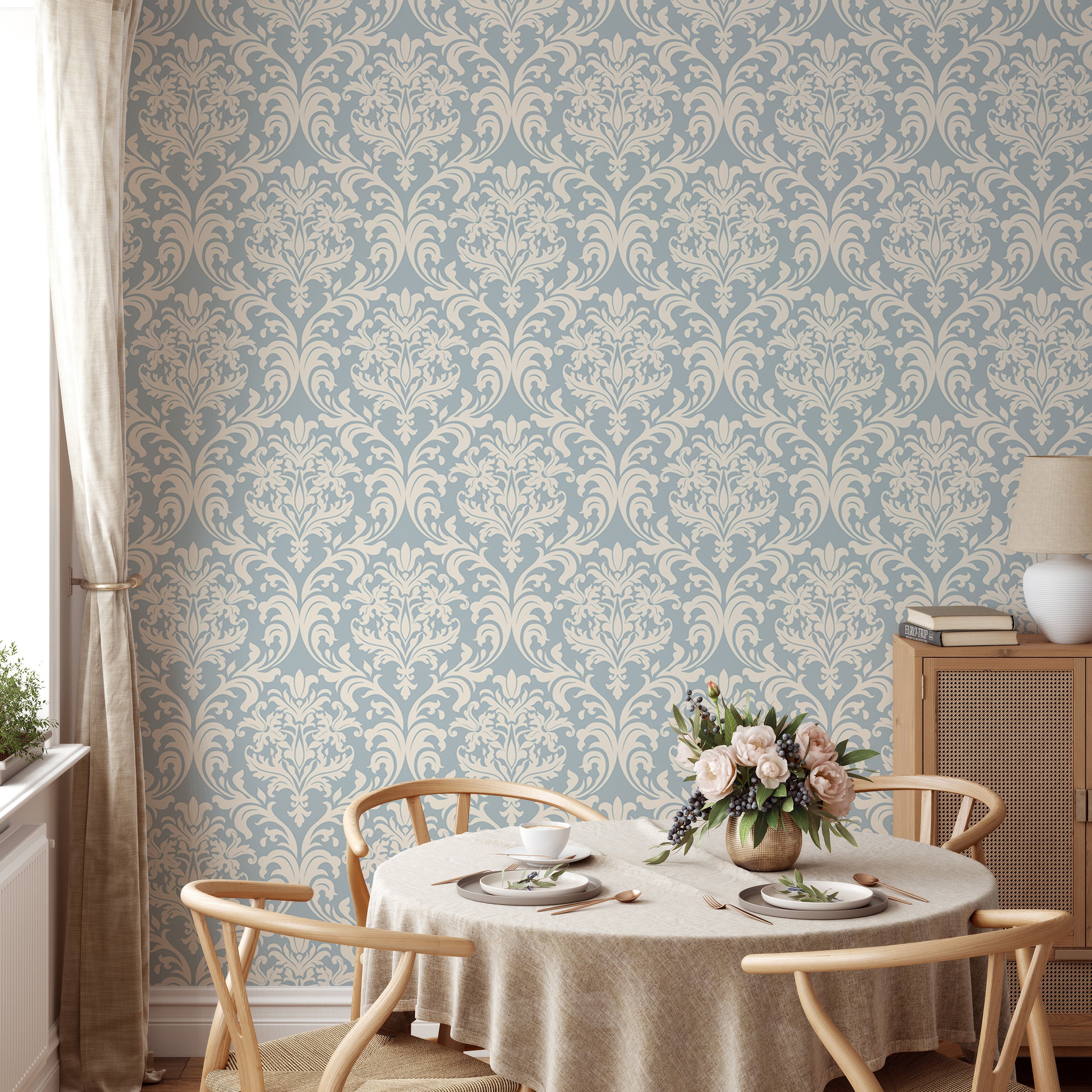 Elegant blue and beige Victorian wallpaper design