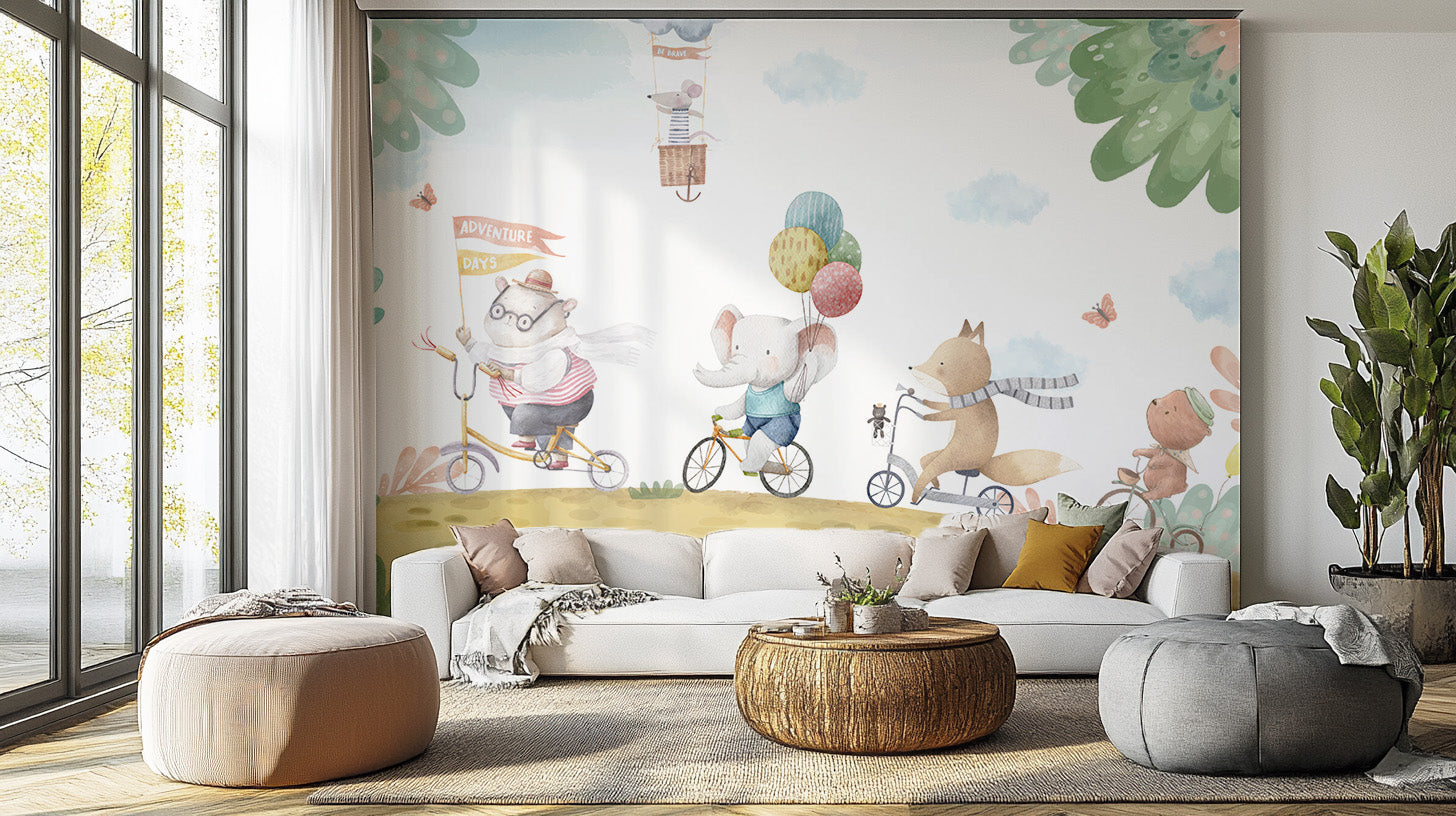 Animal bicycle ride peel-off mural for joyful walls