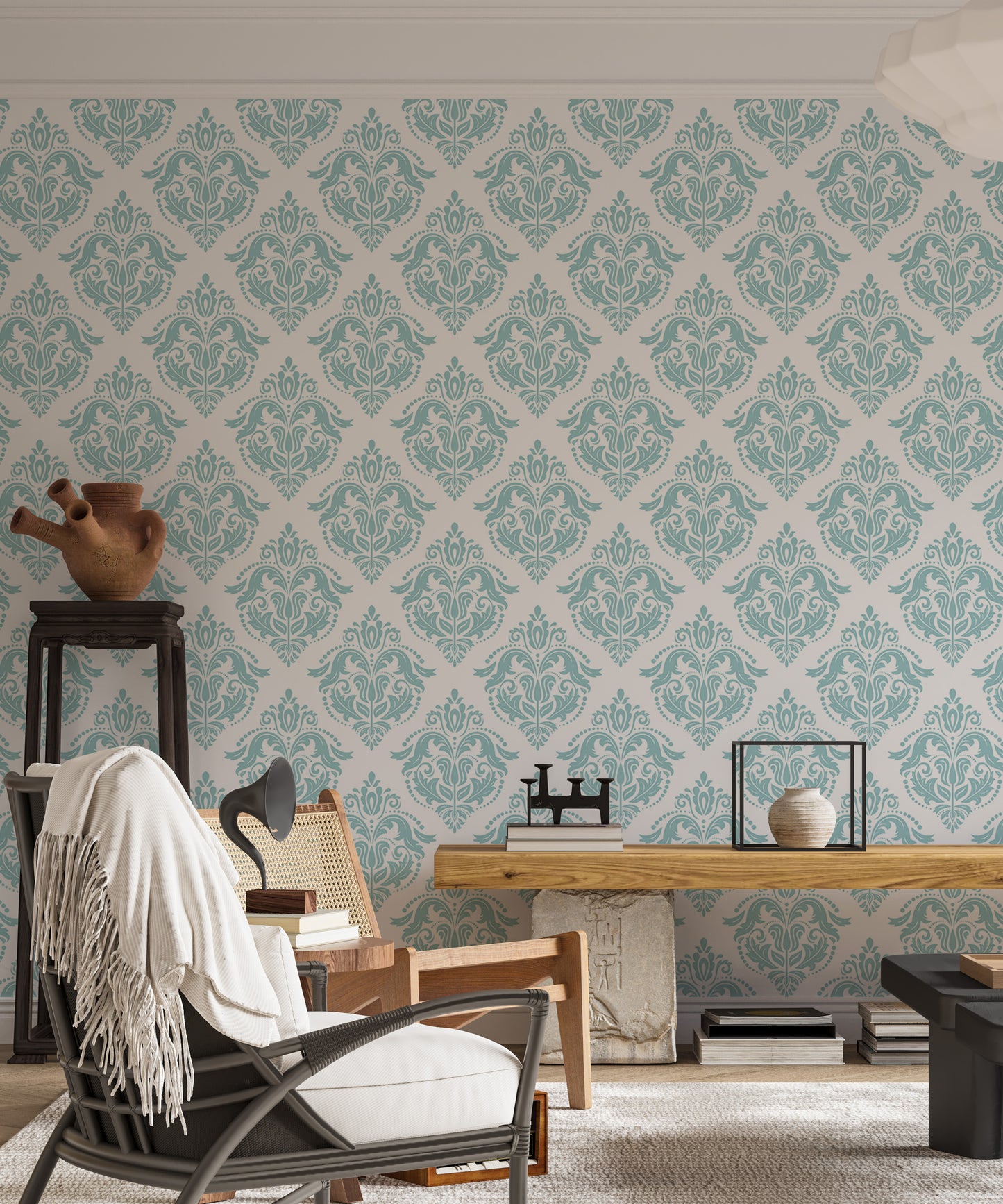 Oriental-inspired wallpaper in sophisticated blue tones