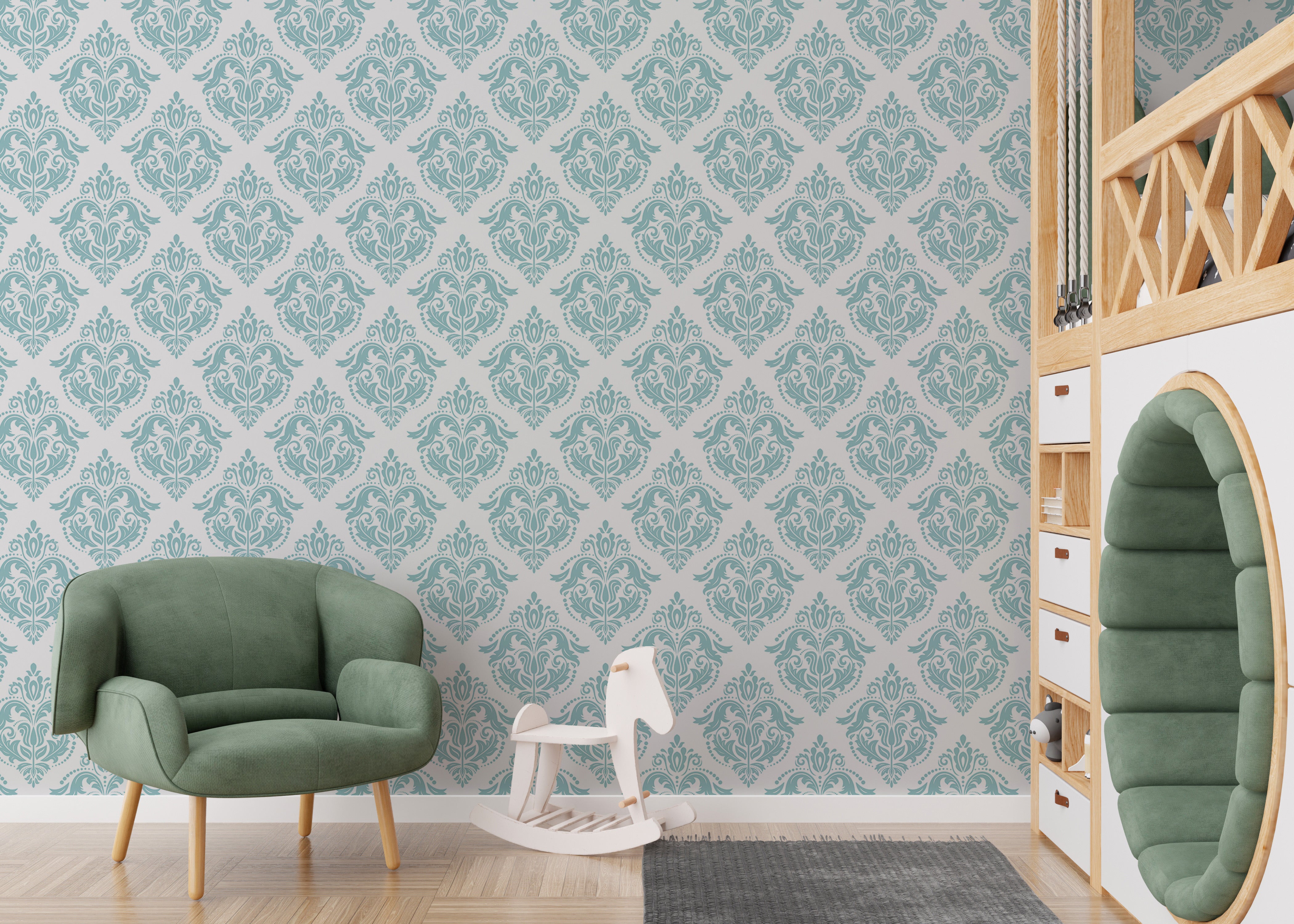 Elegant oriental-style wallpaper with blue accents