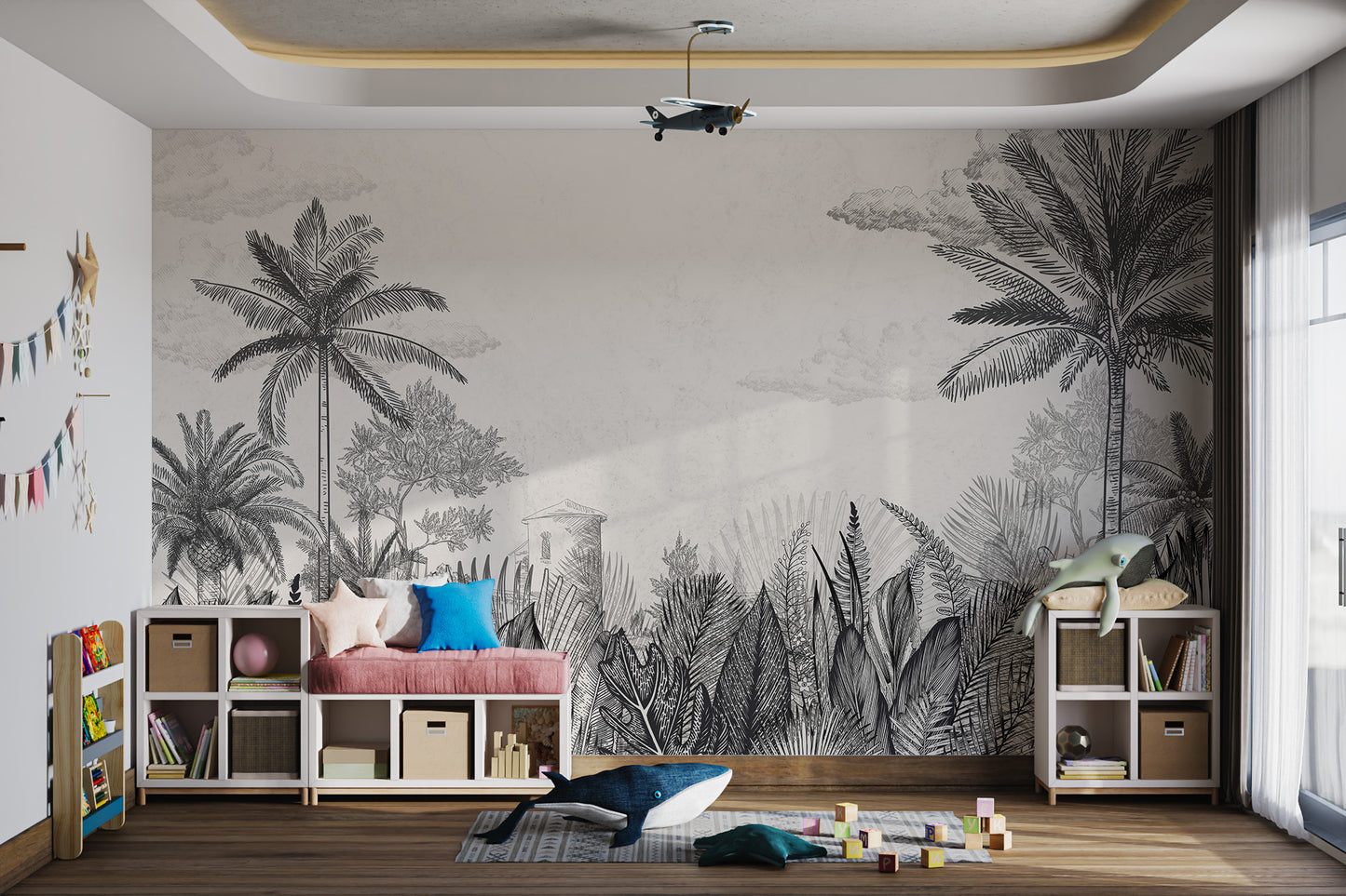 Vintage Tropical Botanical Monochrome Mural