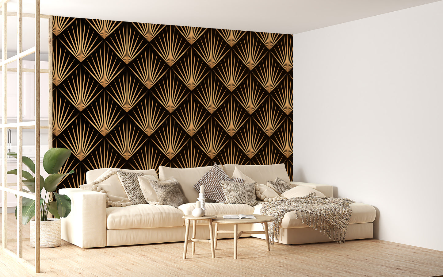 Deco trellis wallpaper with repeating design.