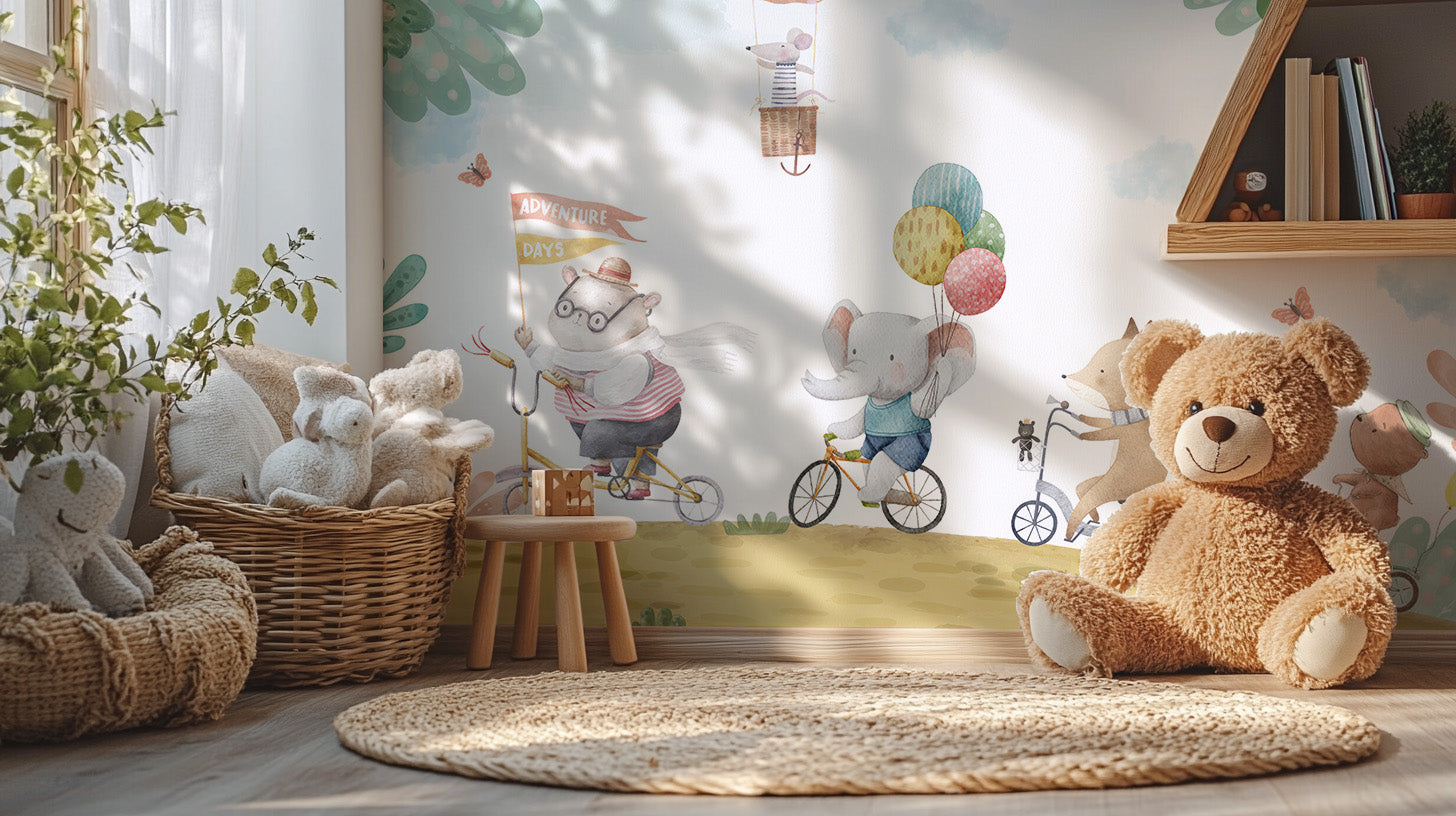 Temporary animal bicycle wallpaper for kids' rooms