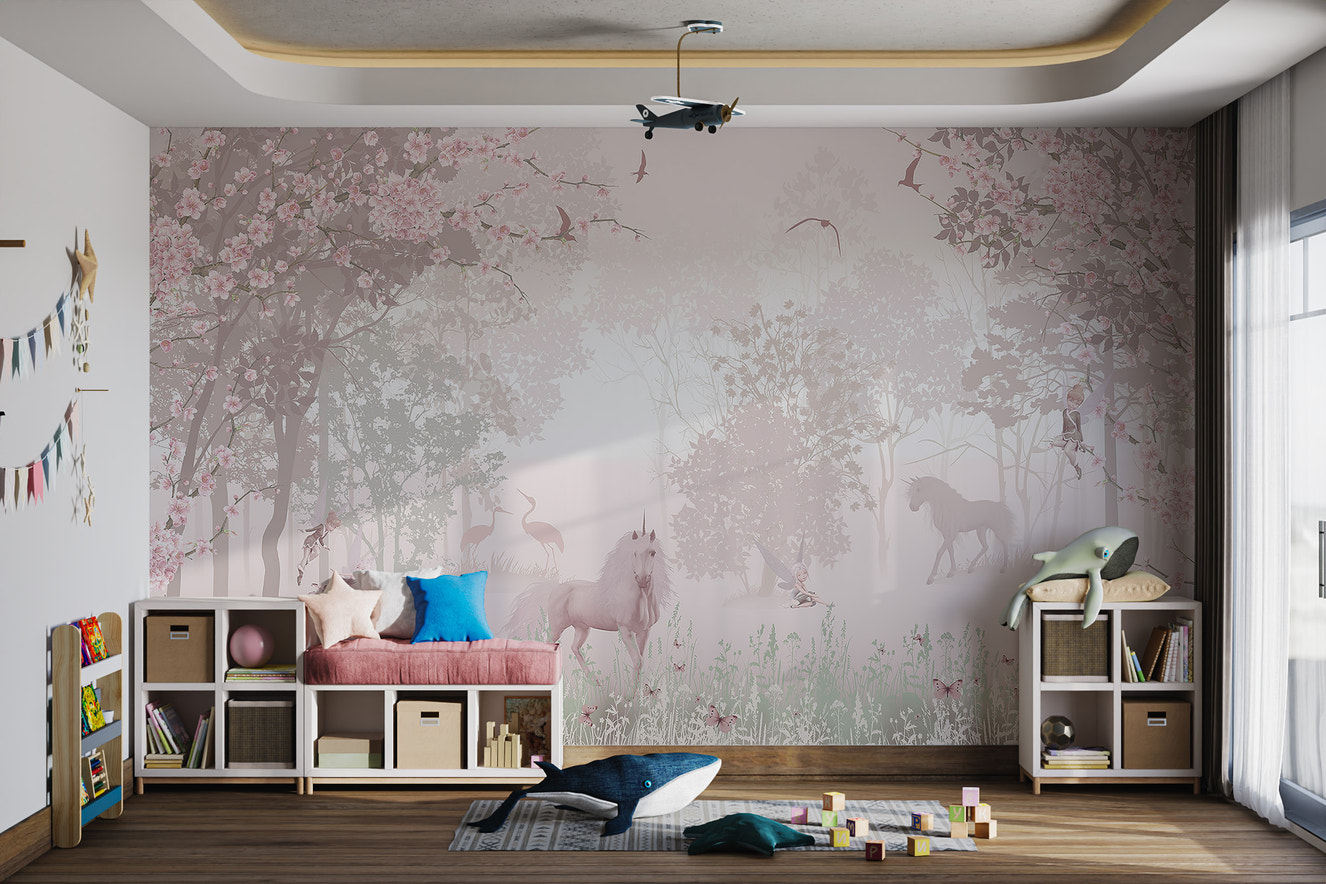 Enchanted Unicorn Blossom Forest Mural