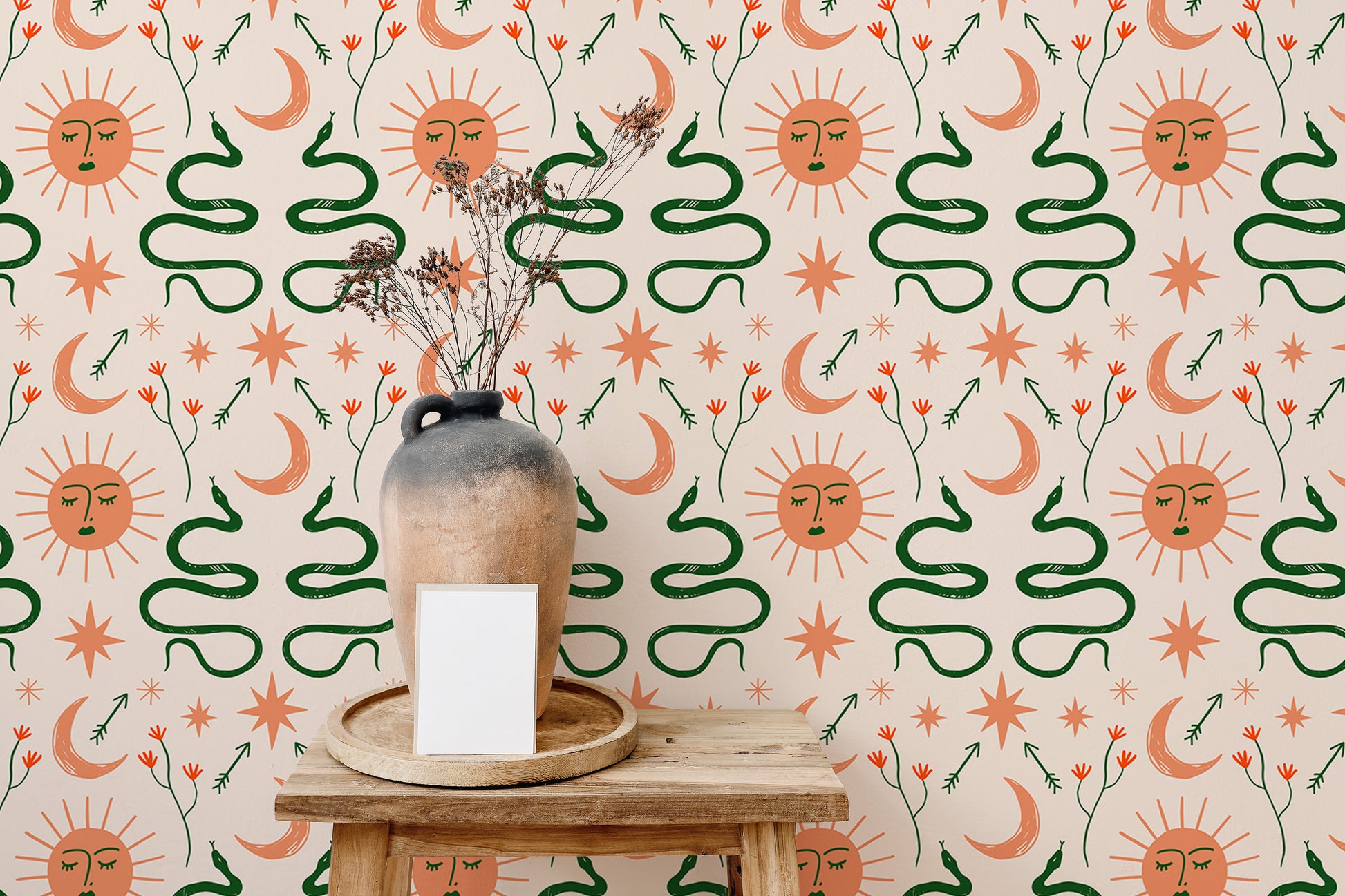 Moon and sun Boho wallpaper with snakes design.