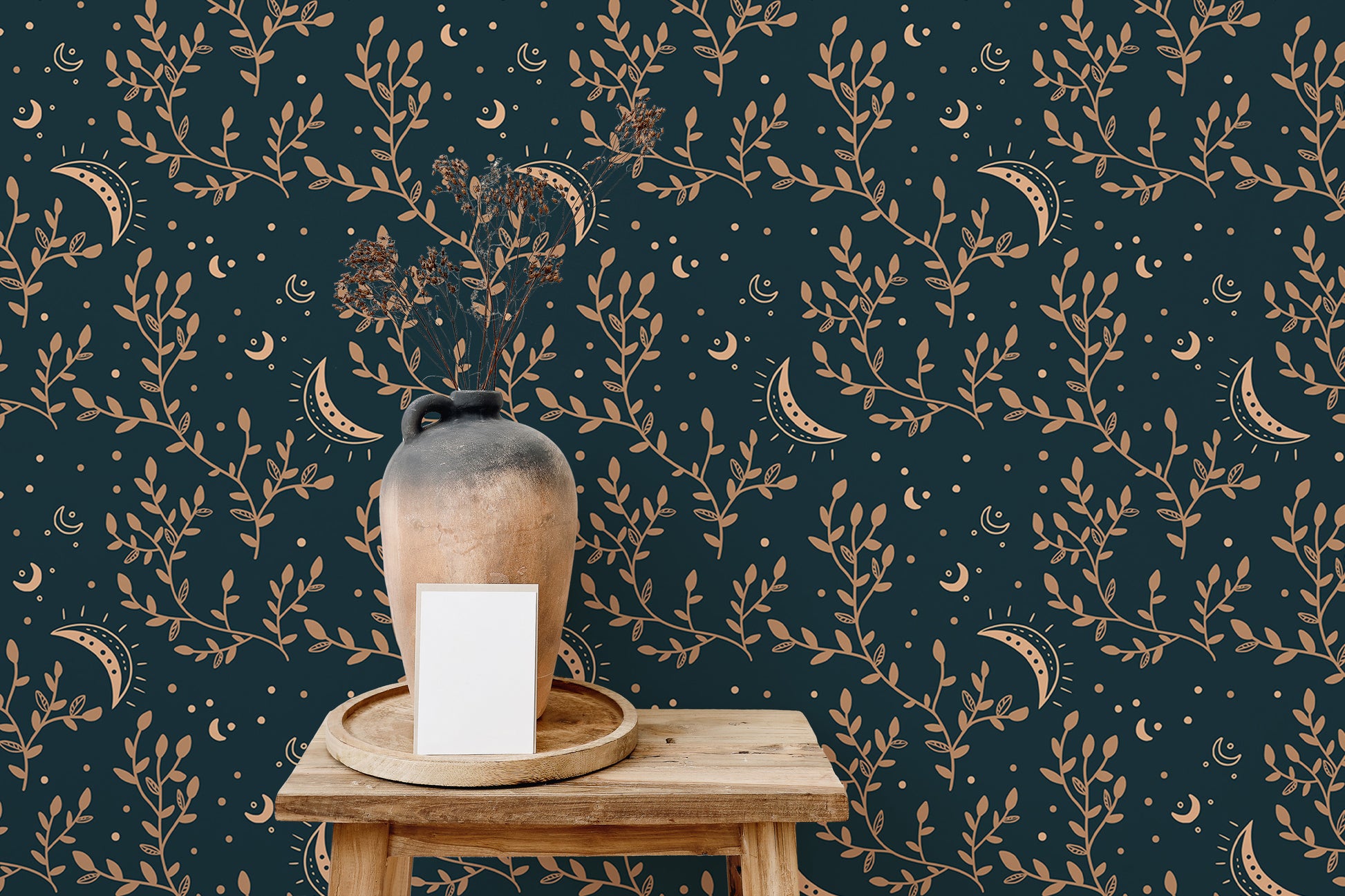 Esoteric crescent moon and floral background for walls.