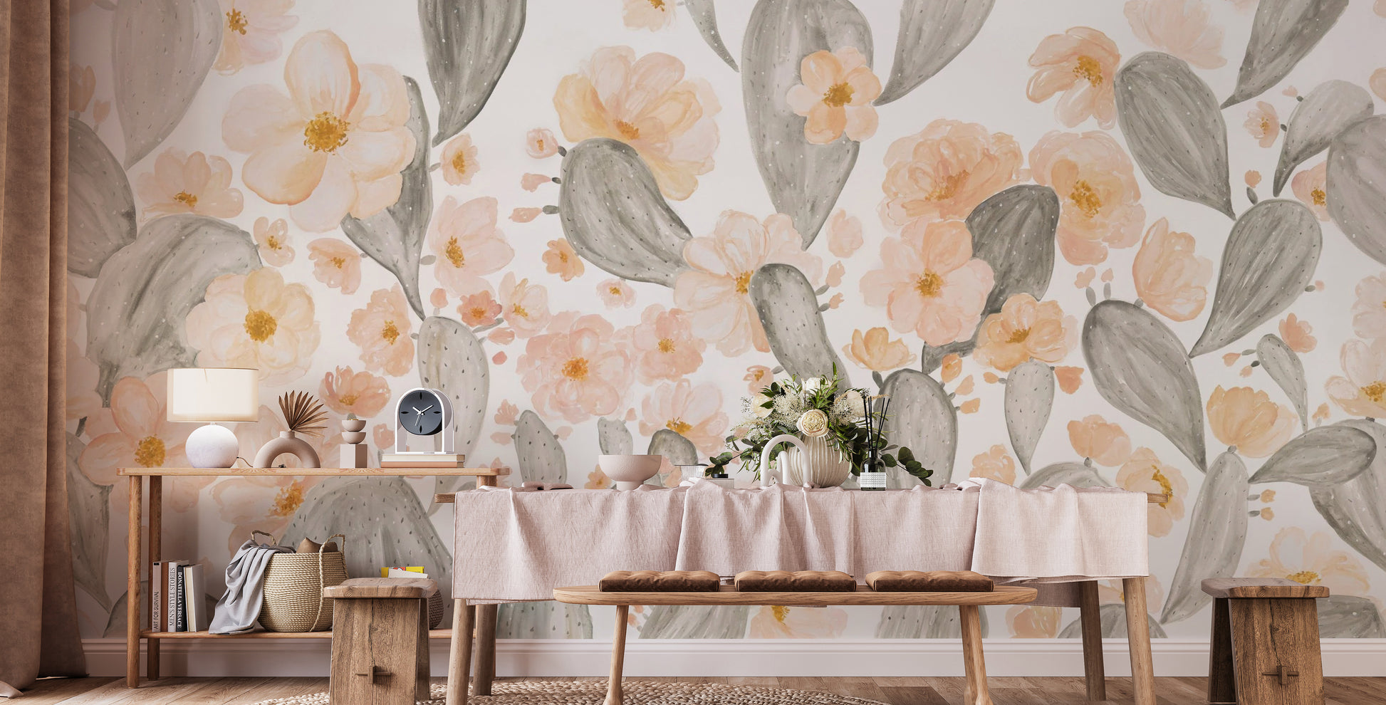 Luxurious pink cactus flower mural for refined interiors
