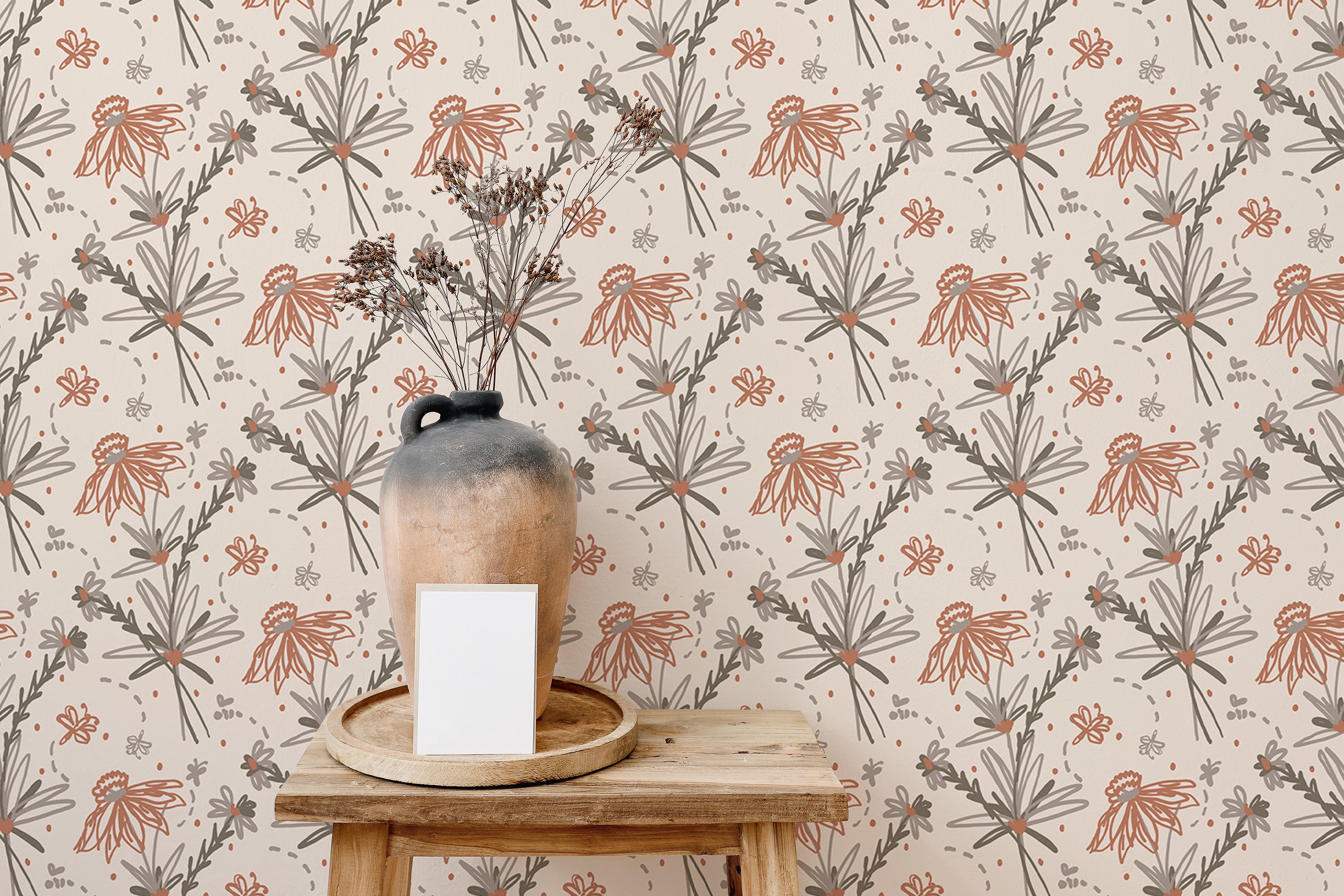 Minimalist earthy floral repeat pattern wallpaper.