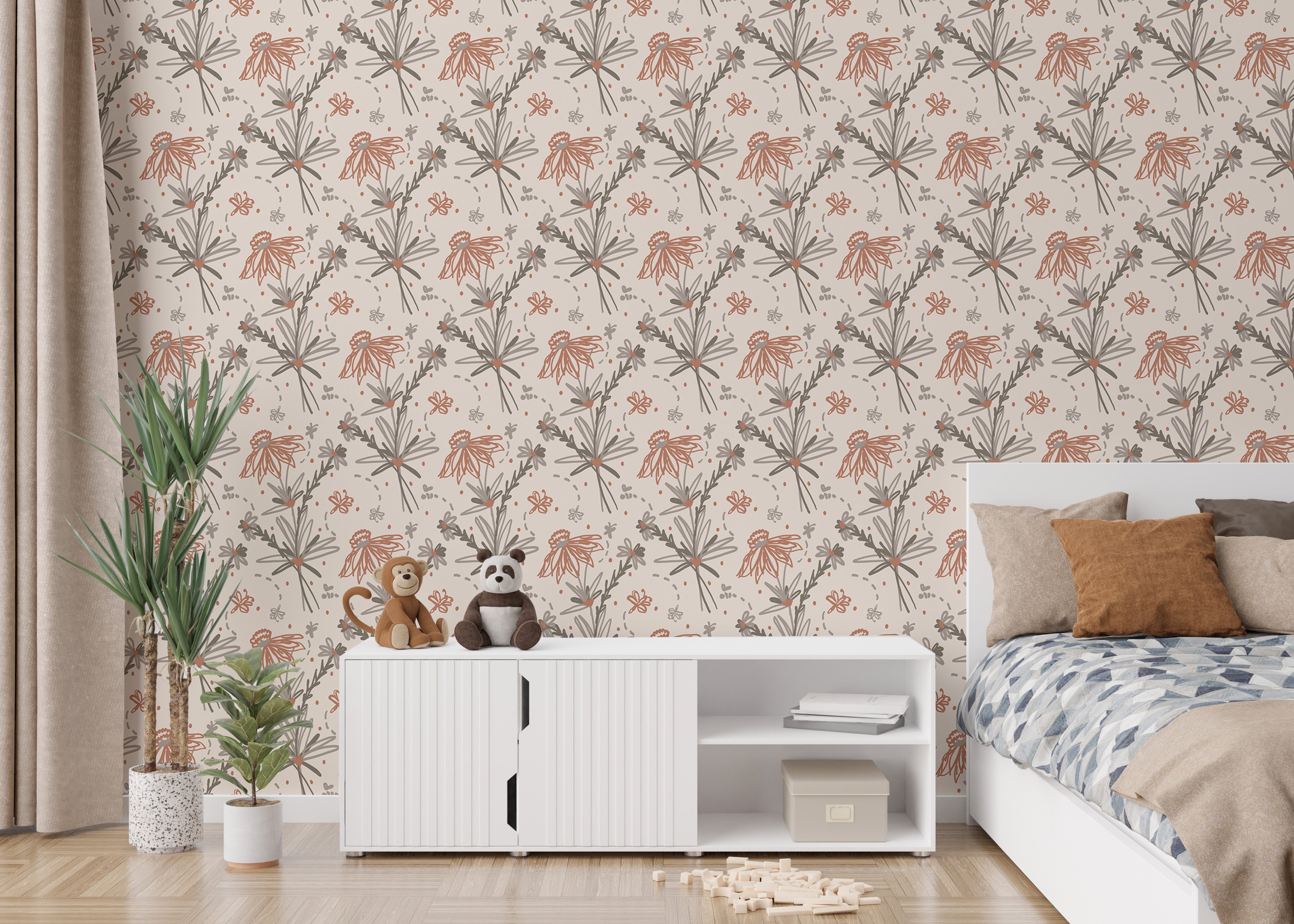 Earthy tone floral Boho wallpaper for interiors.