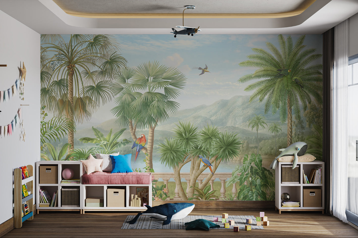 Jungle Paradise Mural with Exotic Birds