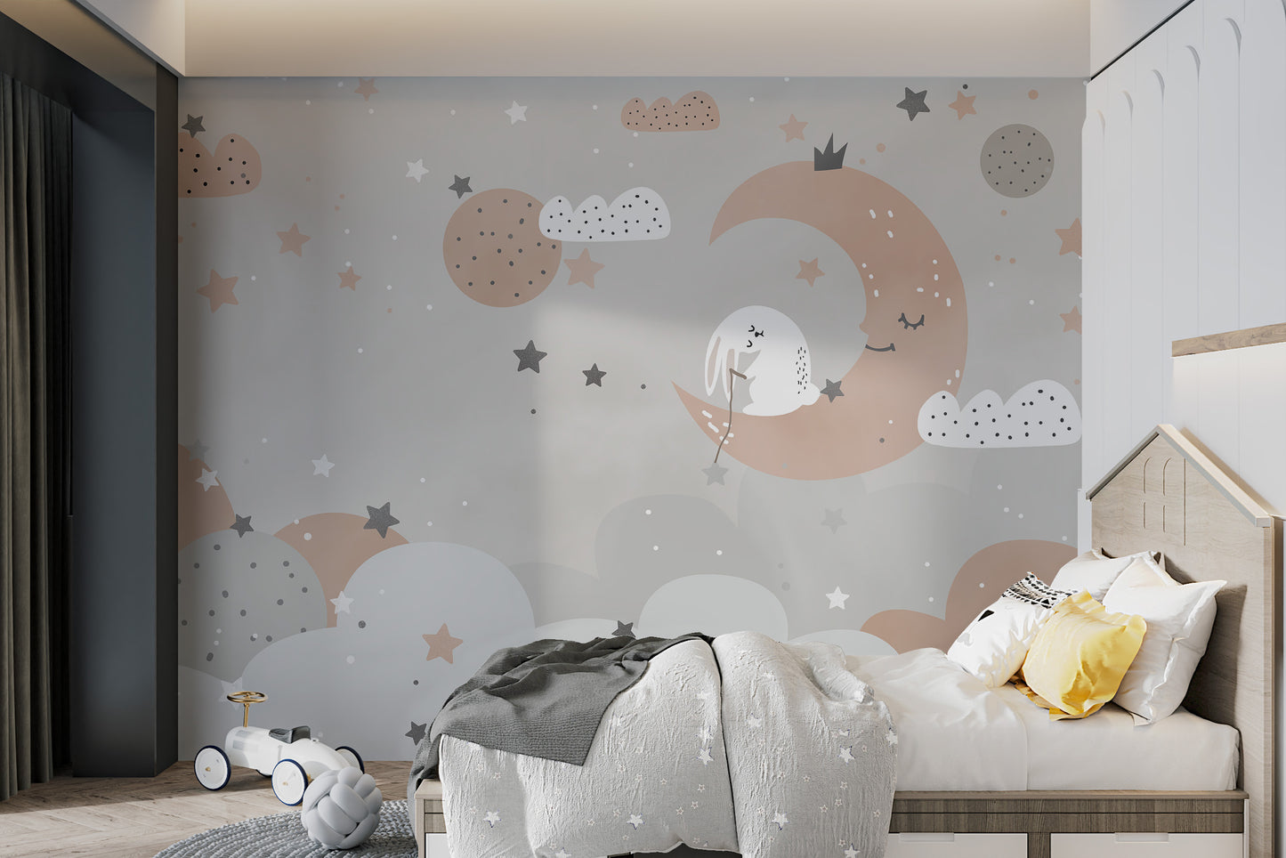 Kids wallpaper with sleeping bunny on clouds