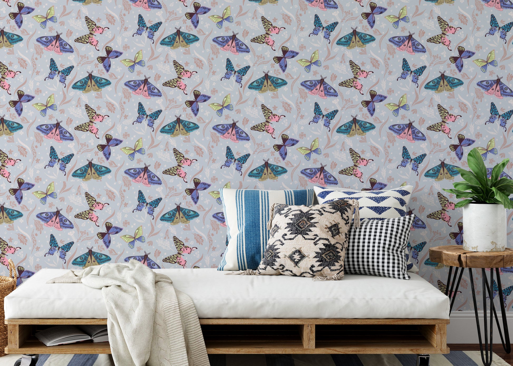 Nature-inspired wallpaper mural with colorful butterflies