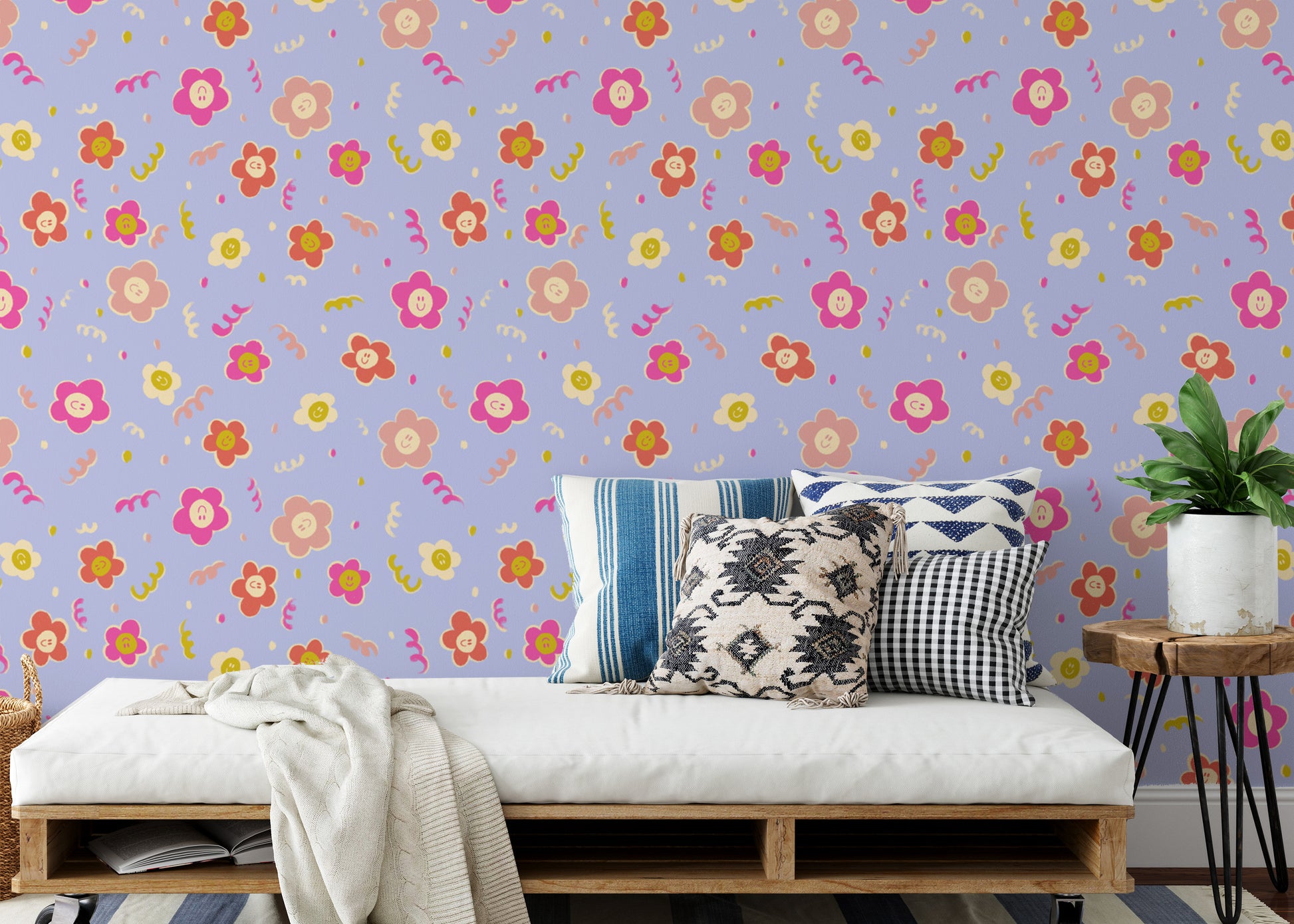 Cheerful wallpaper featuring smiley blooms floral design
