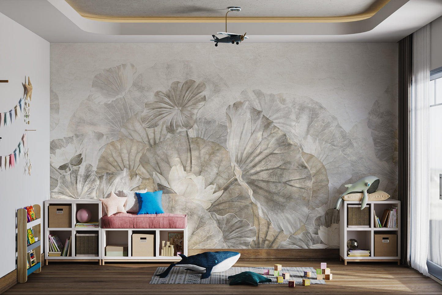 Muted Lotus Leaf Botanical Mural