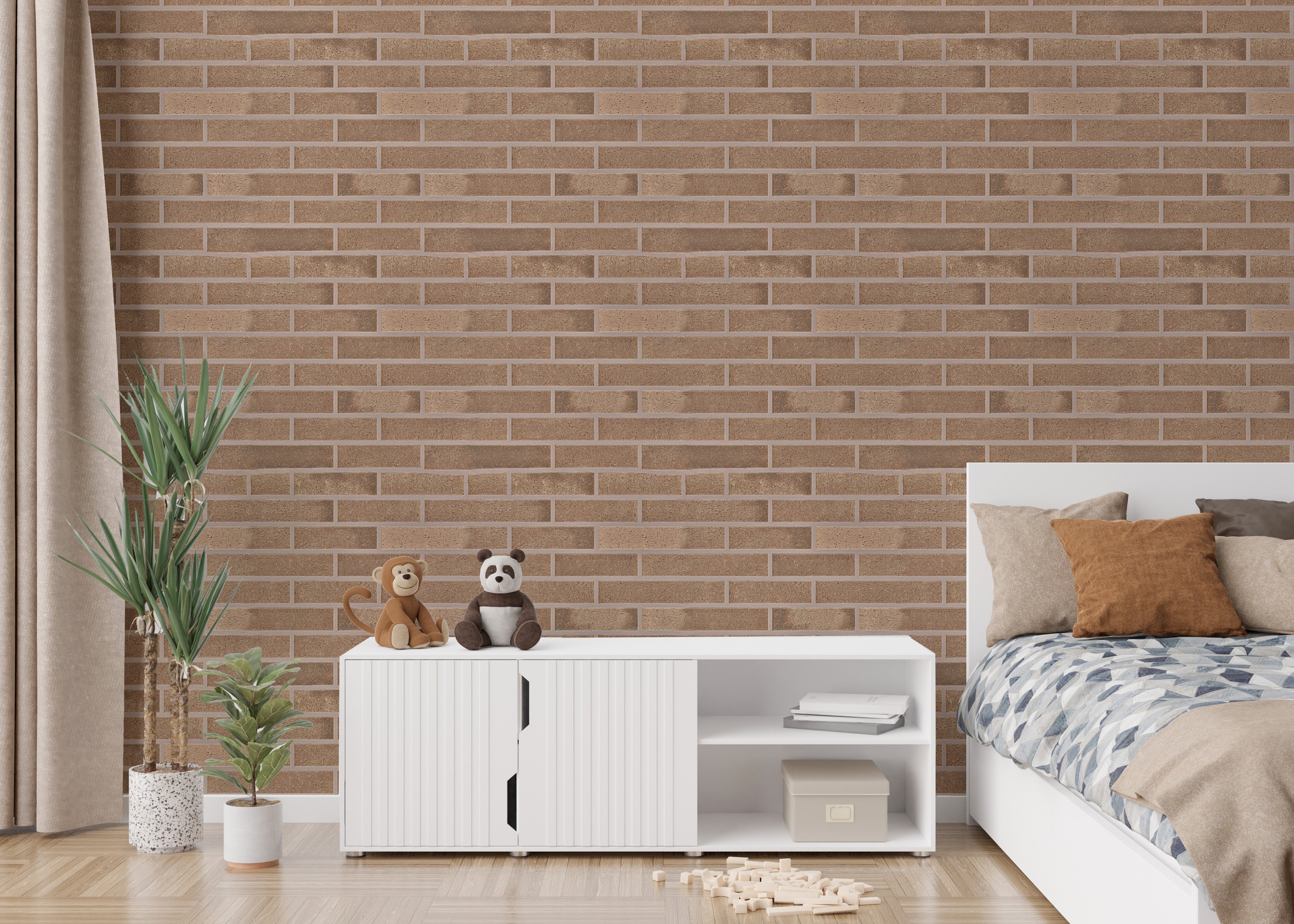 Beige brick self-adhesive wallpaper for interiors.