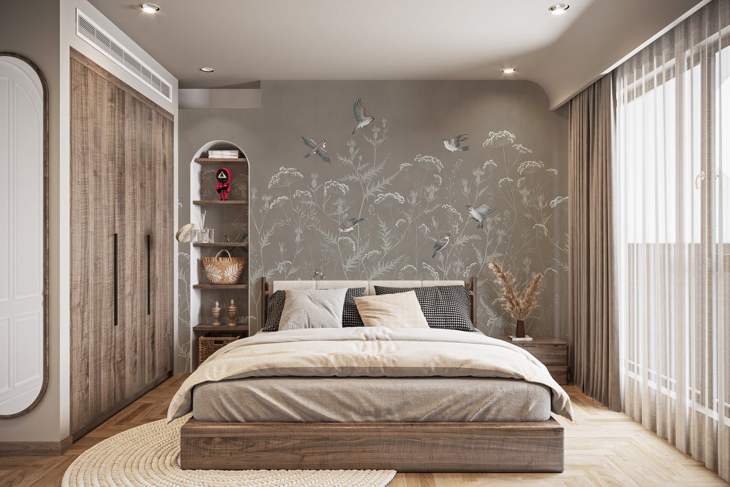 Self-adhesive flying sparrows mural for modern interiors