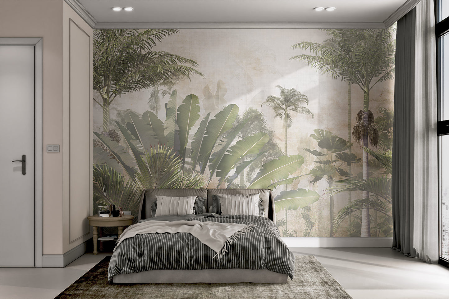 Tropical trees and leaves wallpaper with lush greenery.